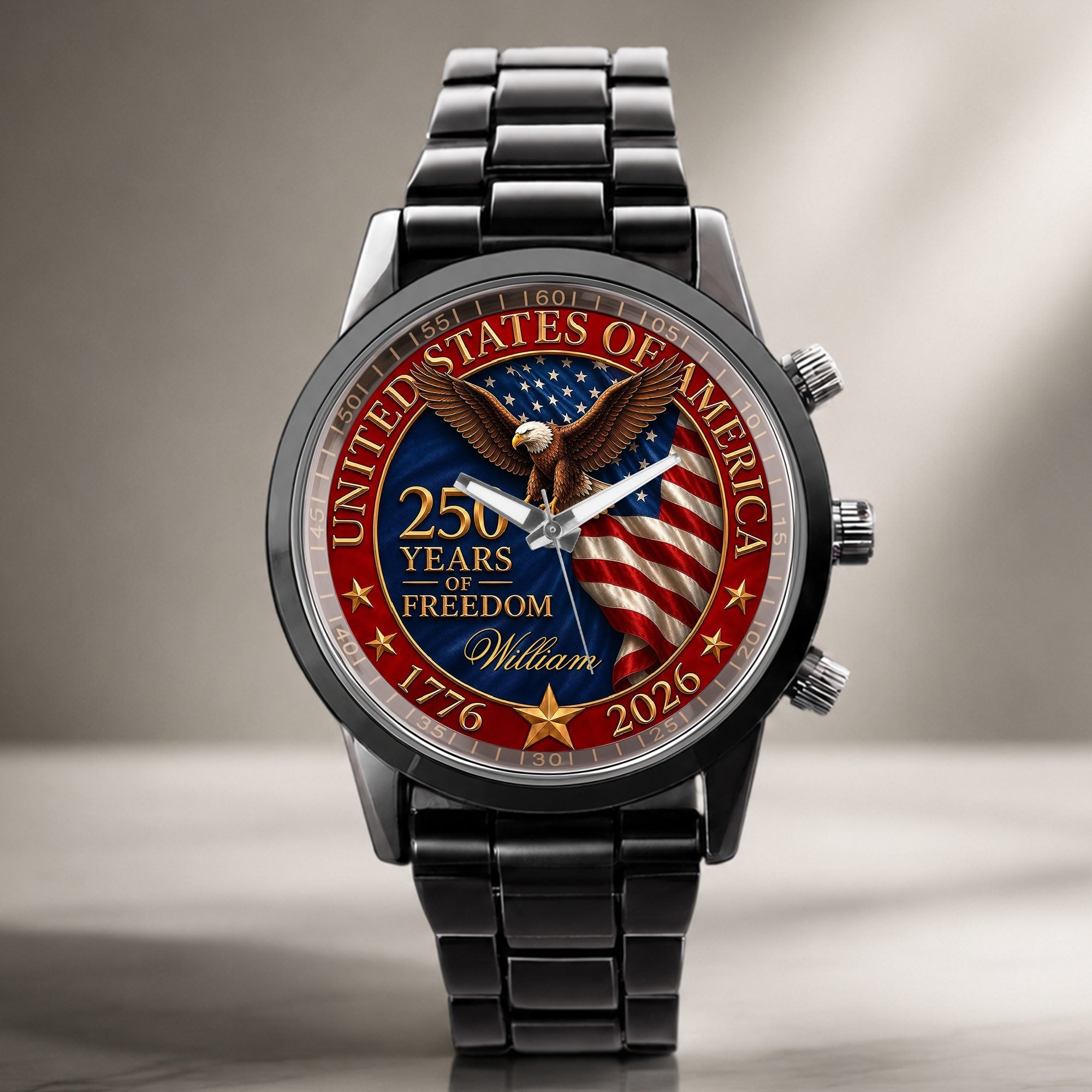 Personalized Men's Watch Custom Name Eagle Flag Gift for Dad