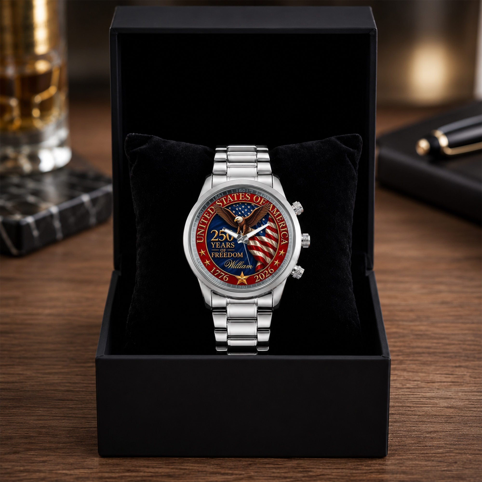 Personalized Men's Watch Custom Name Eagle Flag Gift for Dad