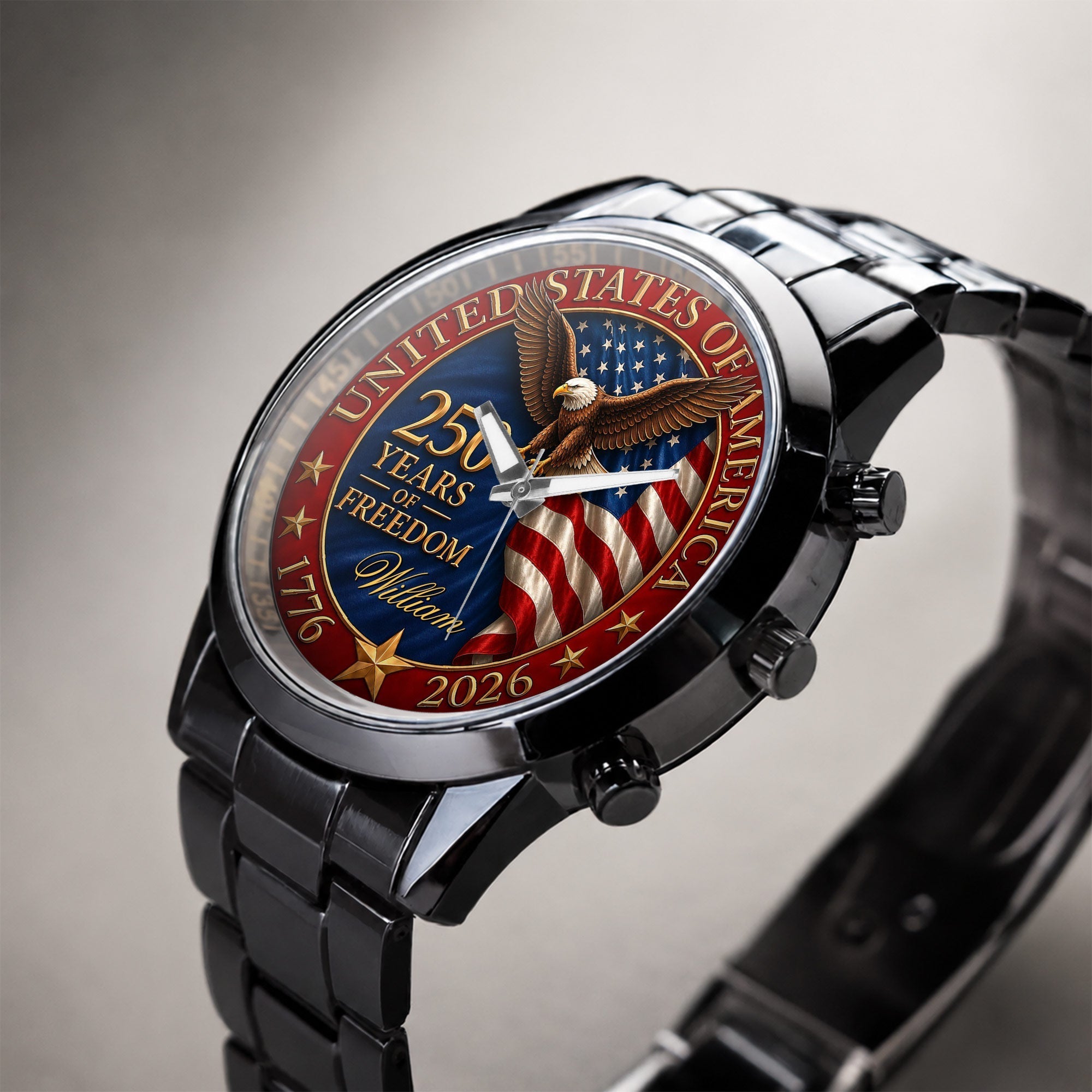 Personalized Men's Watch Custom Name Eagle Flag Gift for Dad