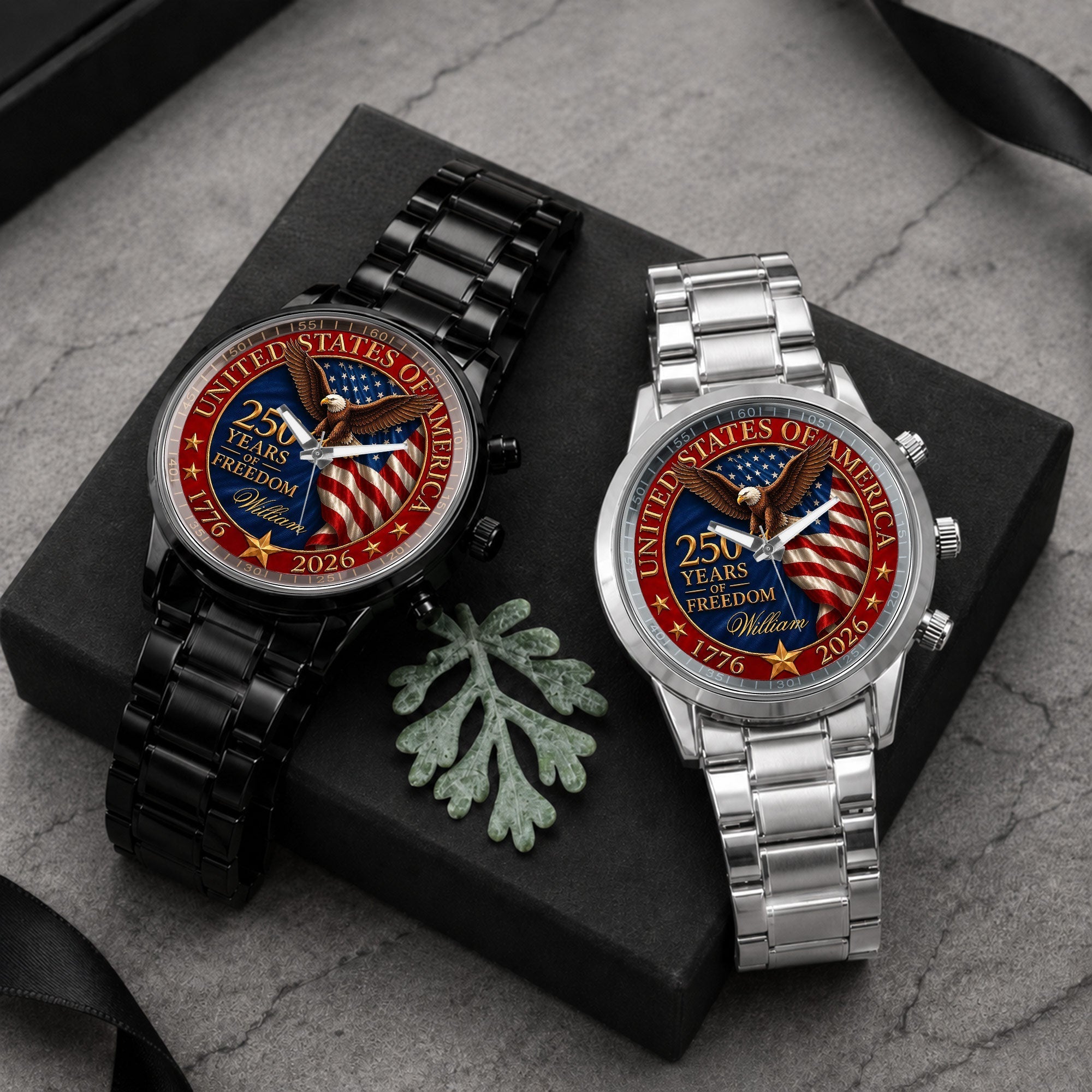Personalized Men's Watch Custom Name Eagle Flag Gift for Dad