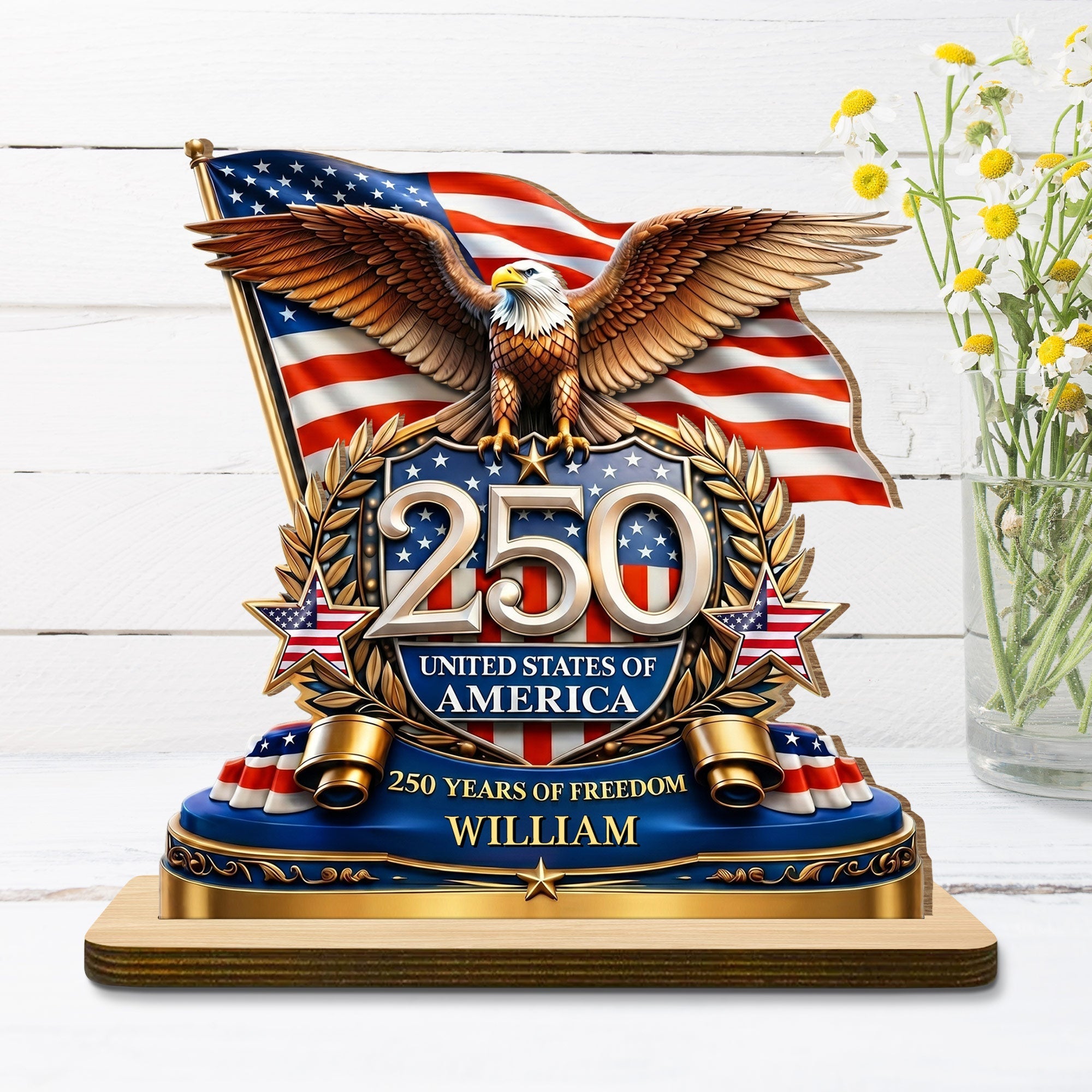 Personalized 2-Layer Wood Plaque American Flag Bald Eagle Gift for Dad