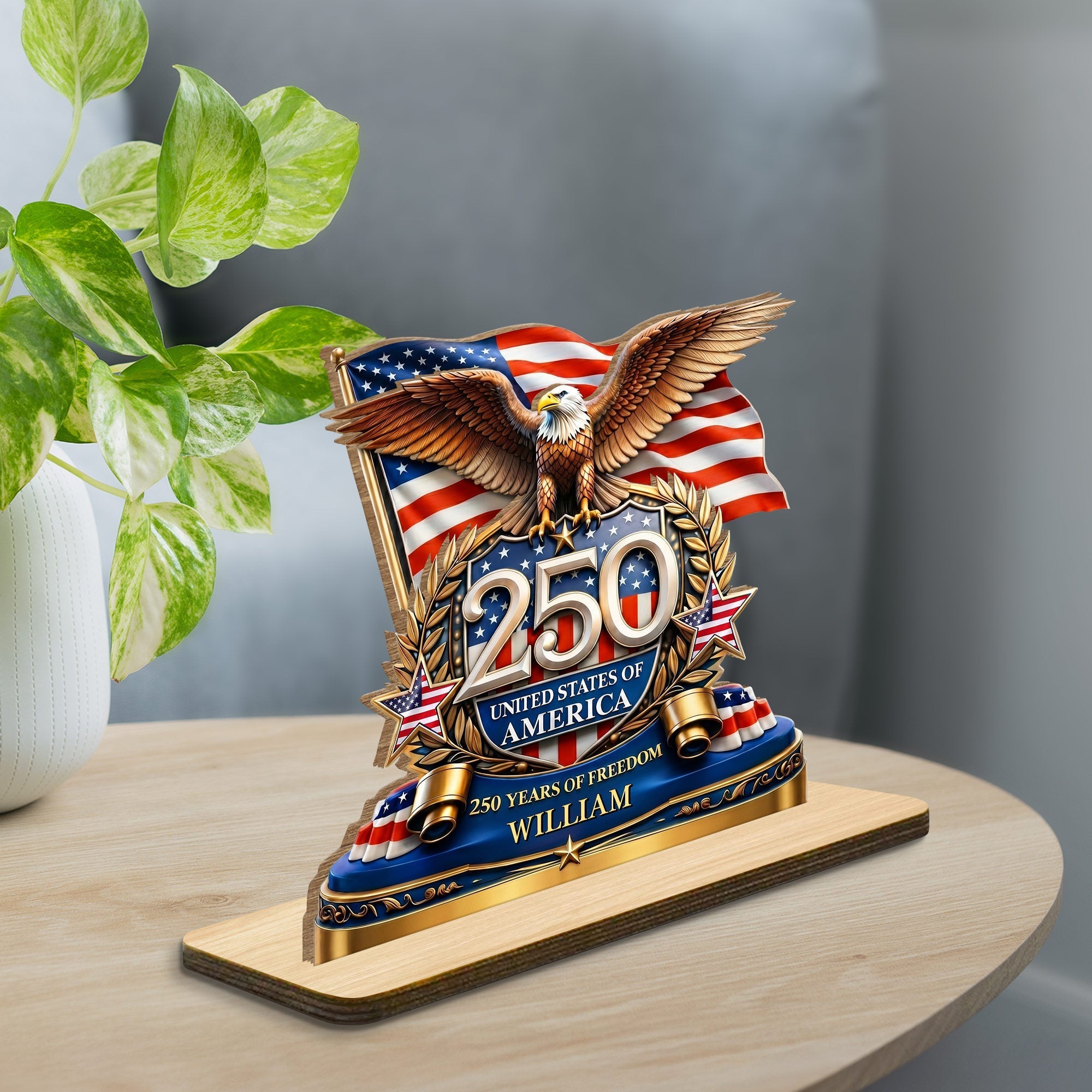 Personalized 2-Layer Wood Plaque American Flag Bald Eagle Gift for Dad
