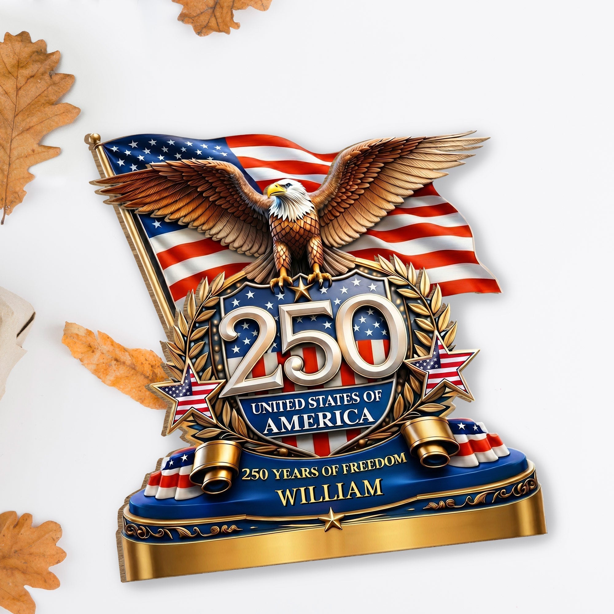 Personalized 2-Layer Wood Plaque American Flag Bald Eagle Gift for Dad