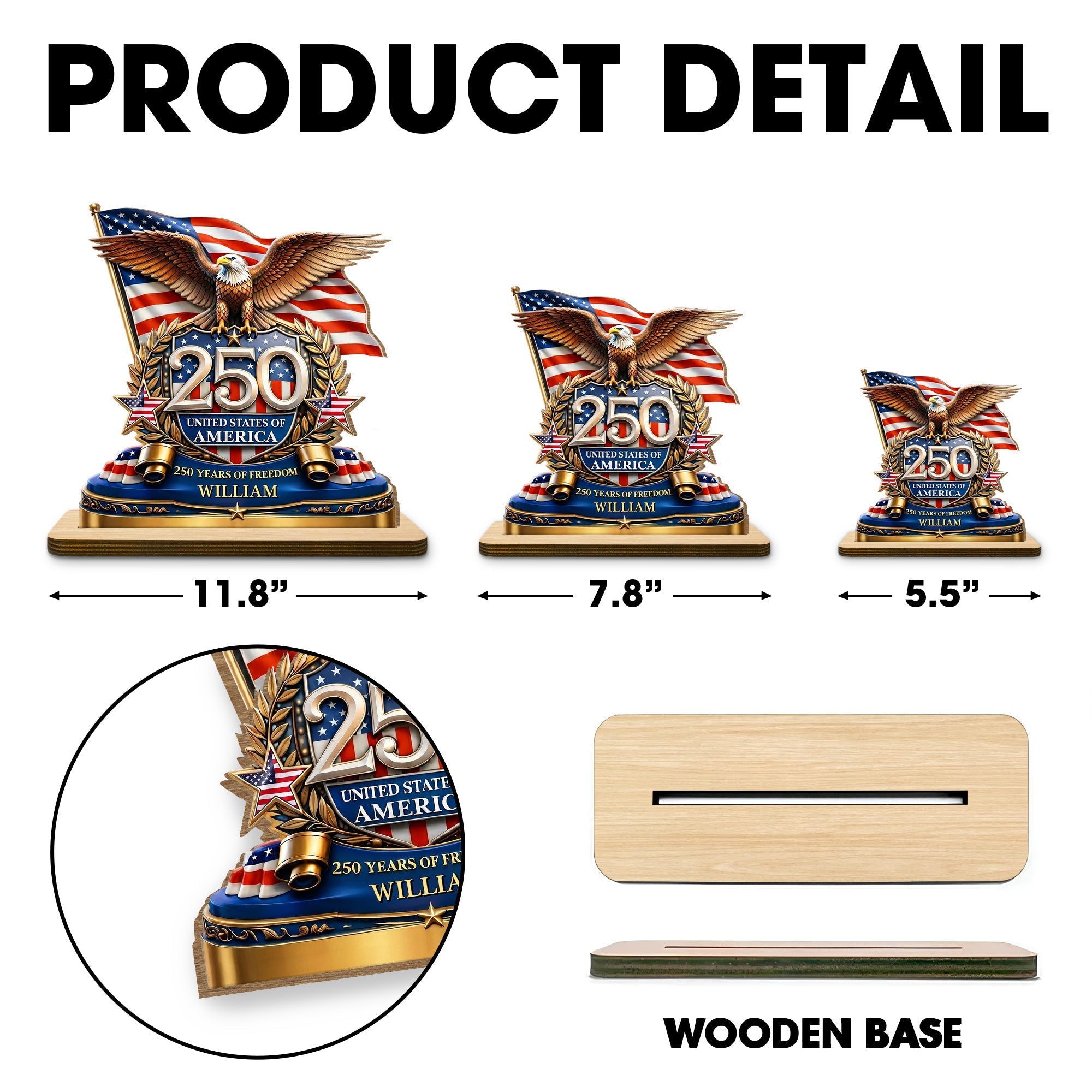 Personalized 2-Layer Wood Plaque American Flag Bald Eagle Gift for Dad