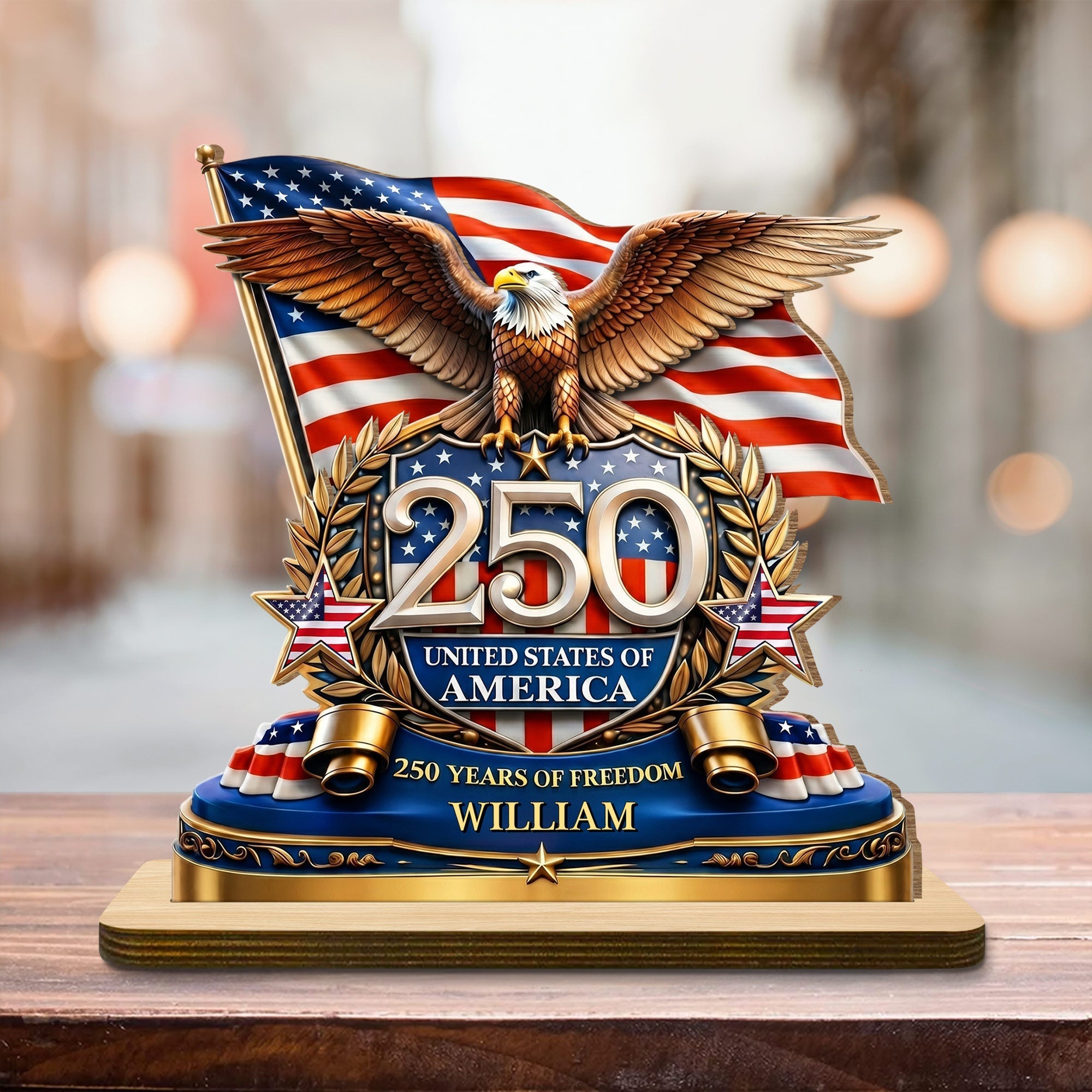 Personalized 2-Layer Wood Plaque American Flag Bald Eagle Gift for Dad