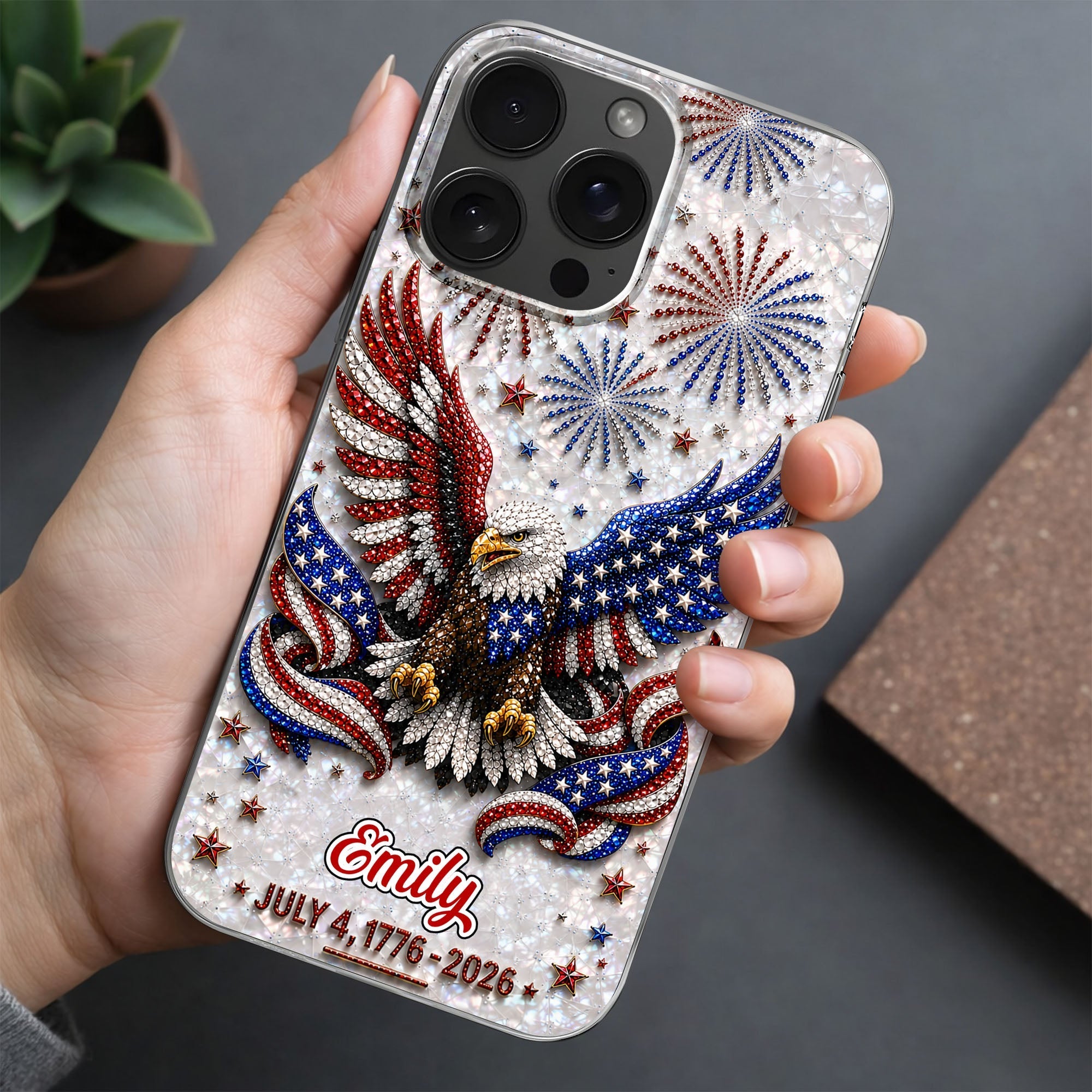 Personalized Clear Phone Case with Bald Eagle American Flag for 4th of July