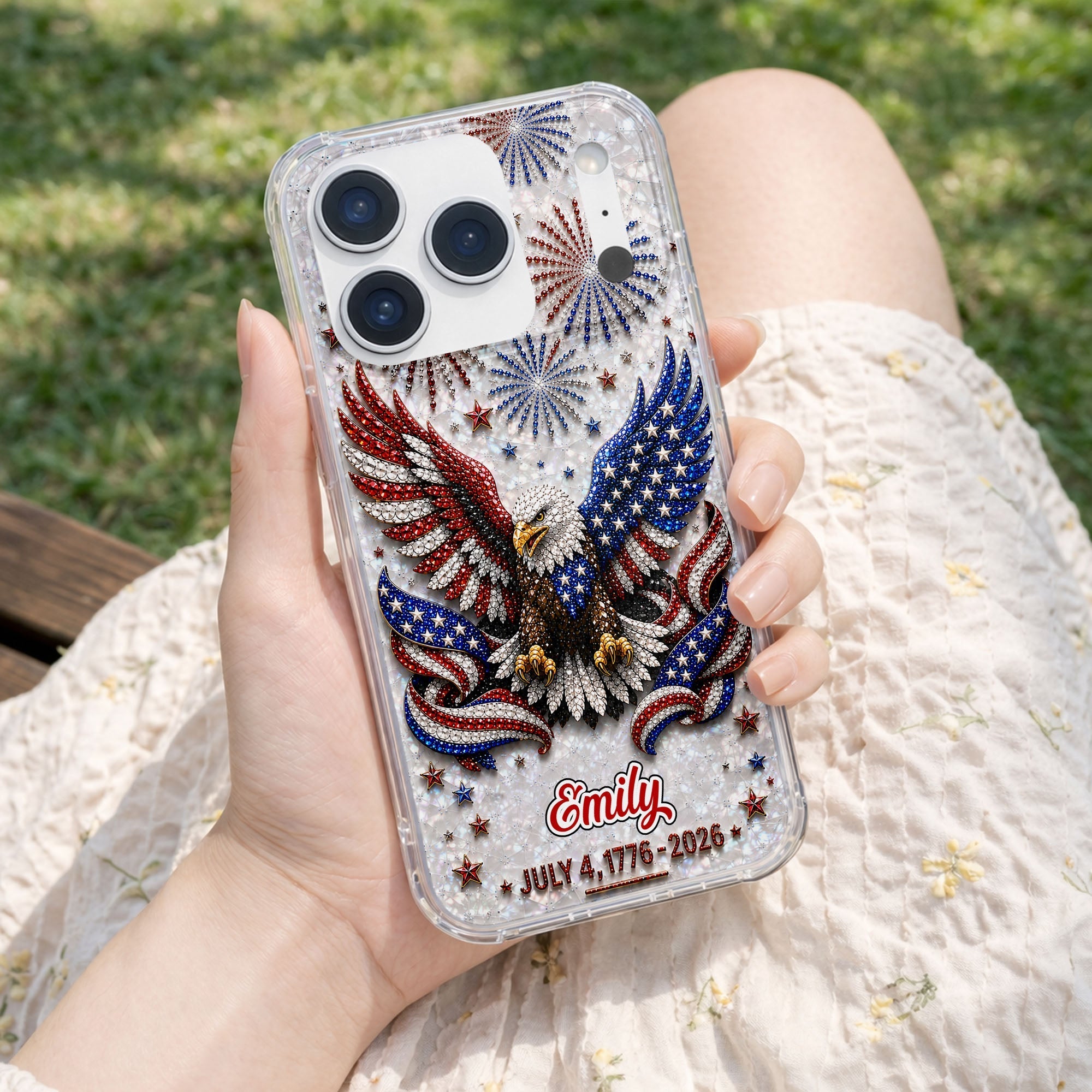 Personalized Clear Phone Case with Bald Eagle American Flag for 4th of July