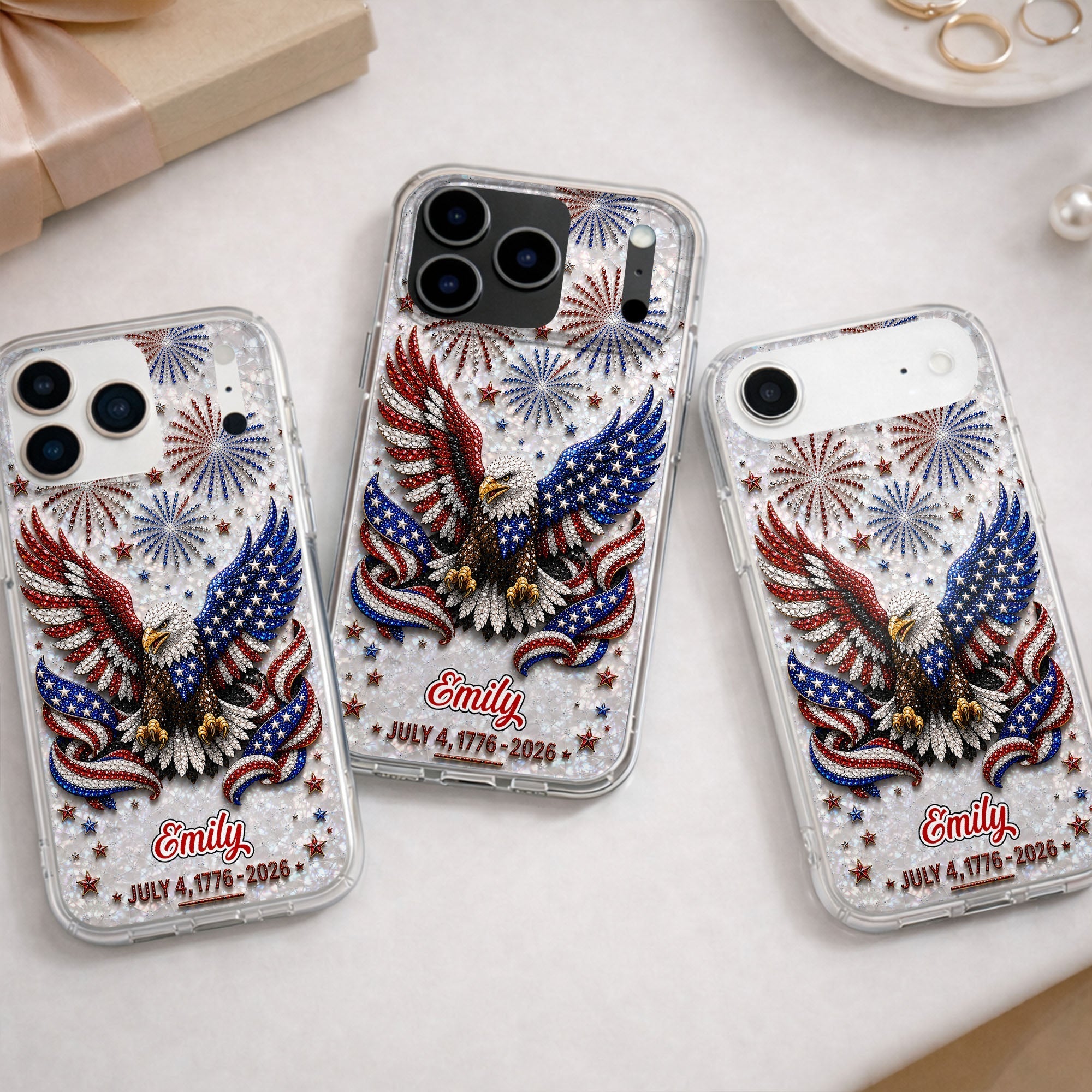 Personalized Clear Phone Case with Bald Eagle American Flag for 4th of July