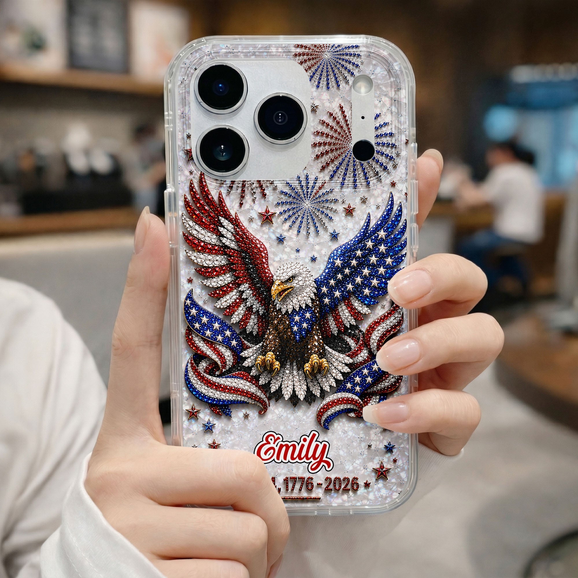 Personalized Clear Phone Case with Bald Eagle American Flag for 4th of July