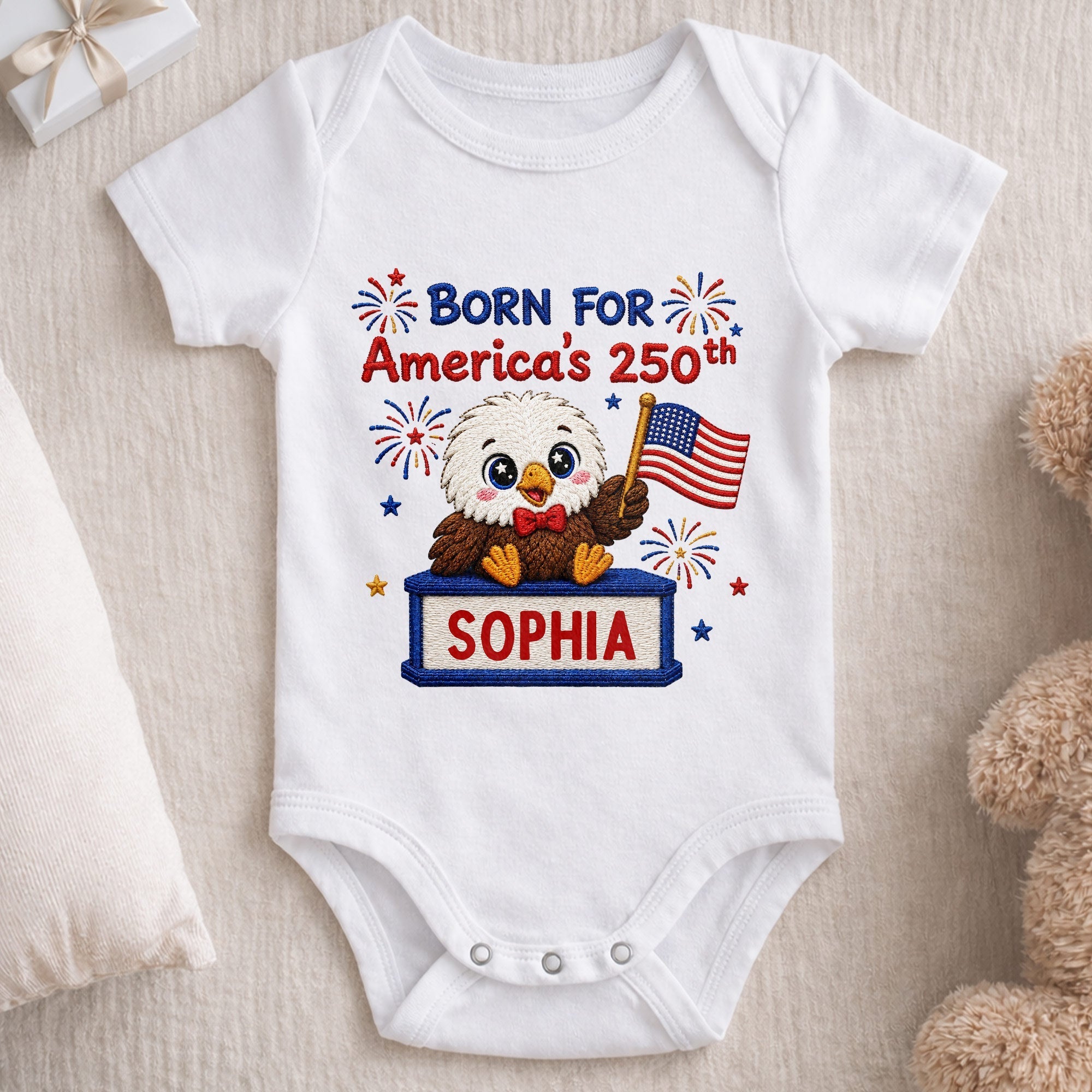 Personalized Baby Onesie Custom Name Eagle Flag Gift for July 4th
