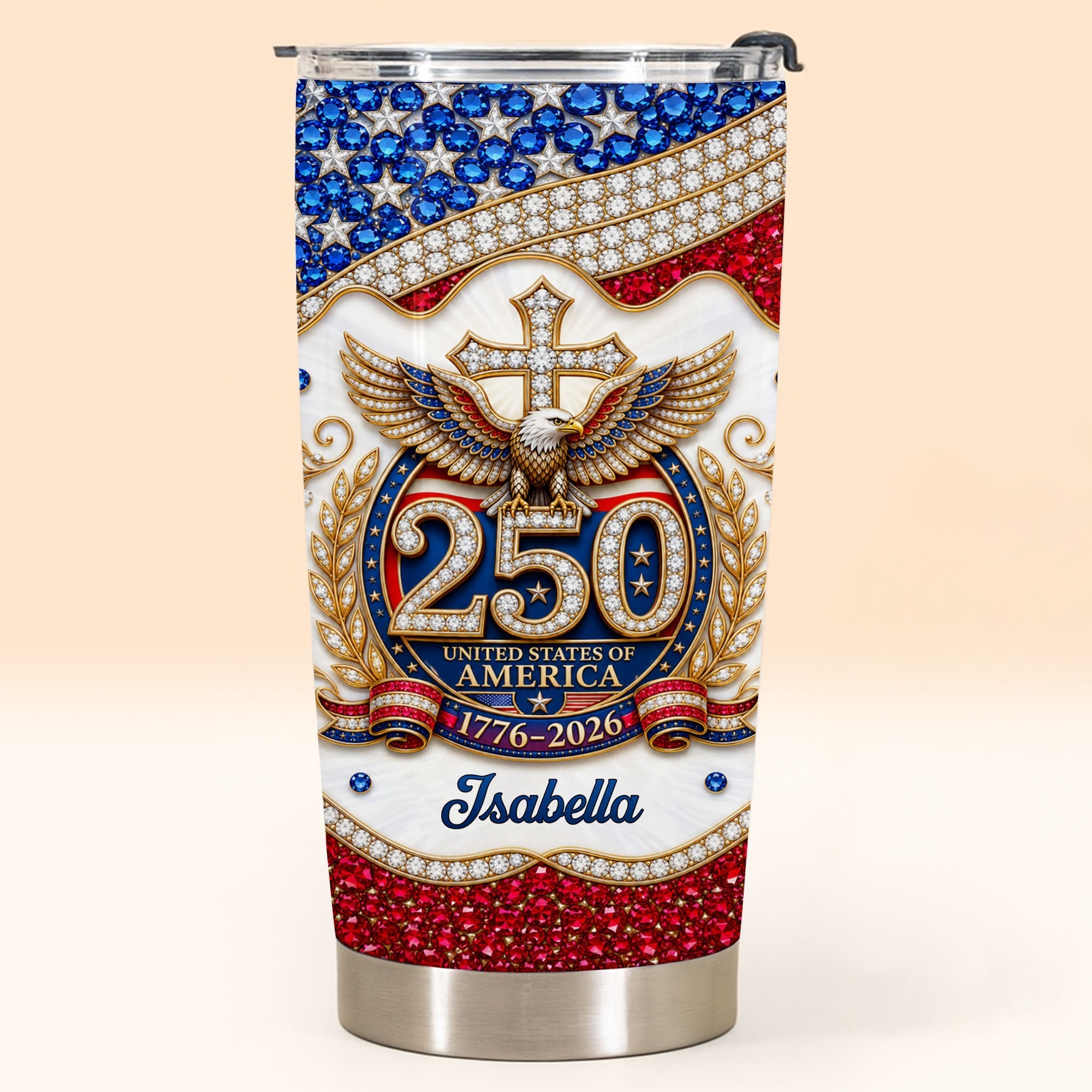 Personalized 20oz Stainless Steel Tumbler with Eagle Cross Design - Custom Gift for Family & Independence Day