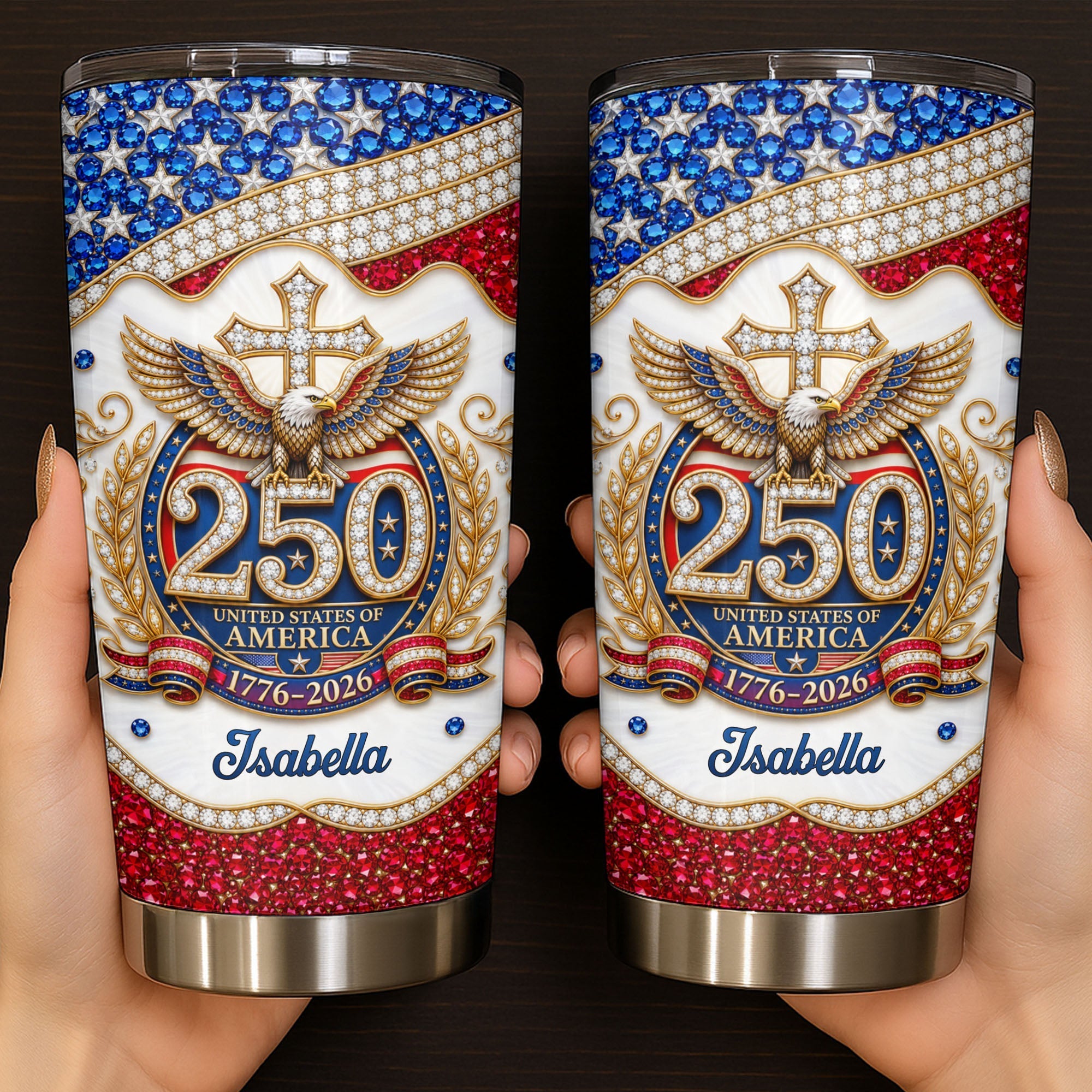 Personalized 20oz Stainless Steel Tumbler with Eagle Cross Design - Custom Gift for Family & Independence Day