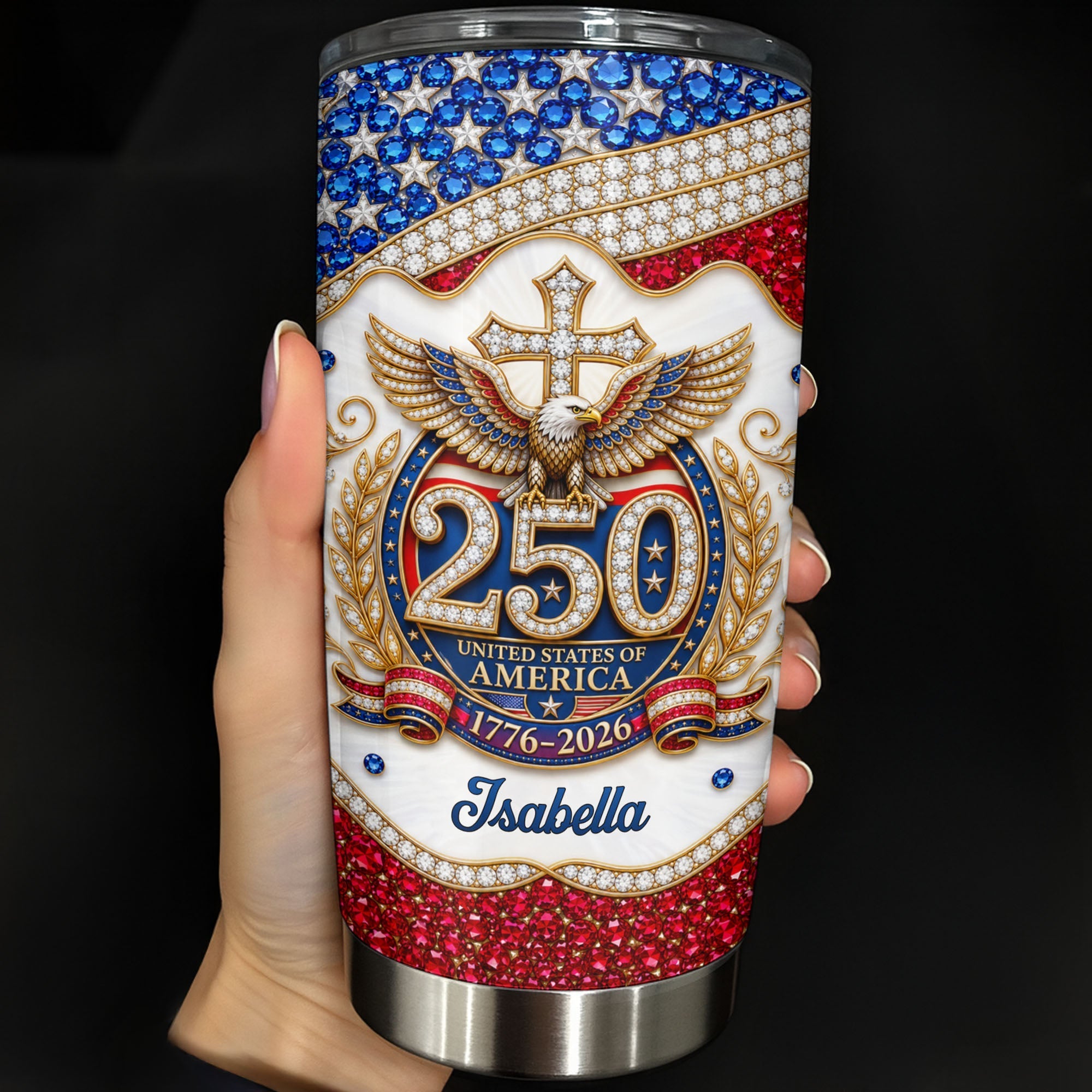 Personalized 20oz Stainless Steel Tumbler with Eagle Cross Design - Custom Gift for Family & Independence Day