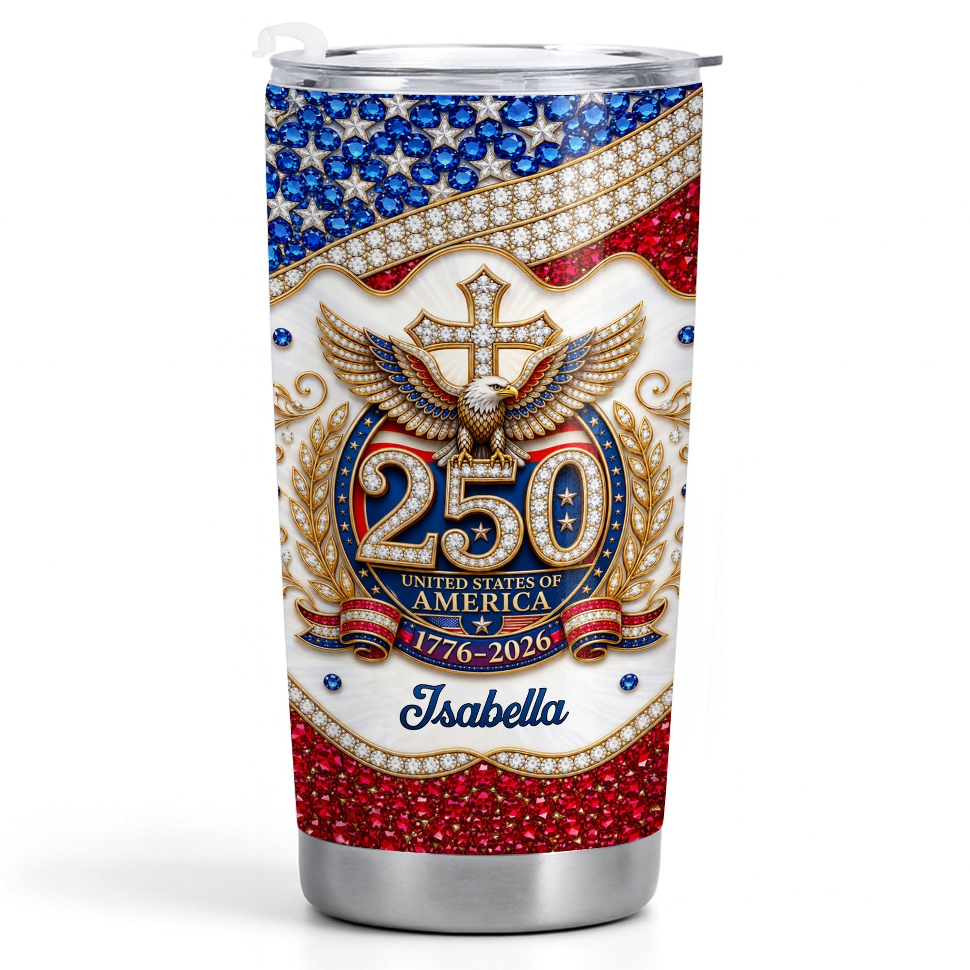 Personalized 20oz Stainless Steel Tumbler with Eagle Cross Design - Custom Gift for Family & Independence Day
