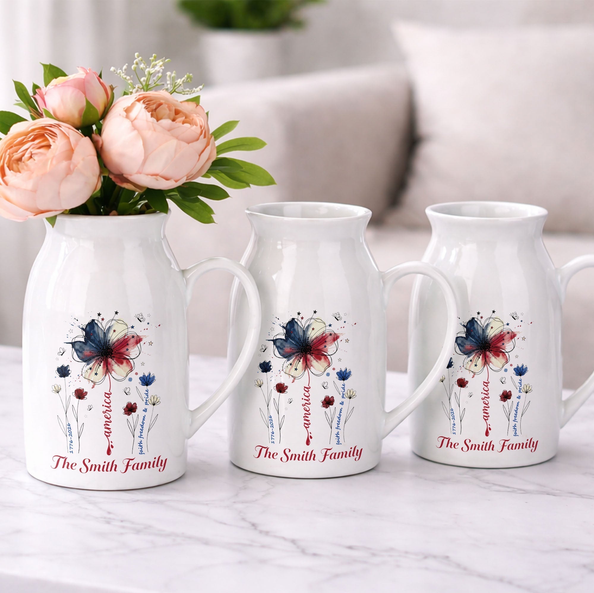 Personalized Ceramic Flower Vase USA Flag Gift for Family