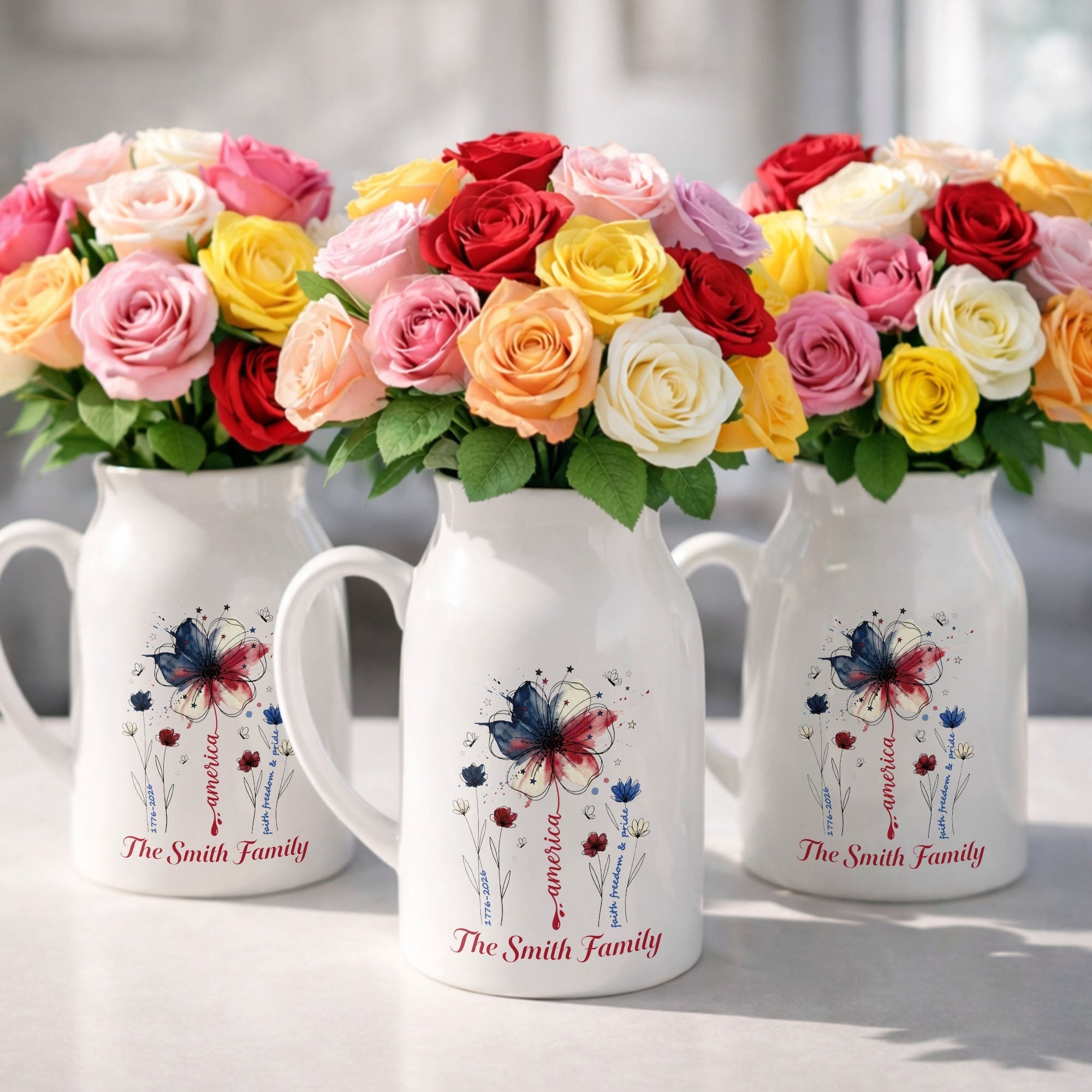 Personalized Ceramic Flower Vase USA Flag Gift for Family