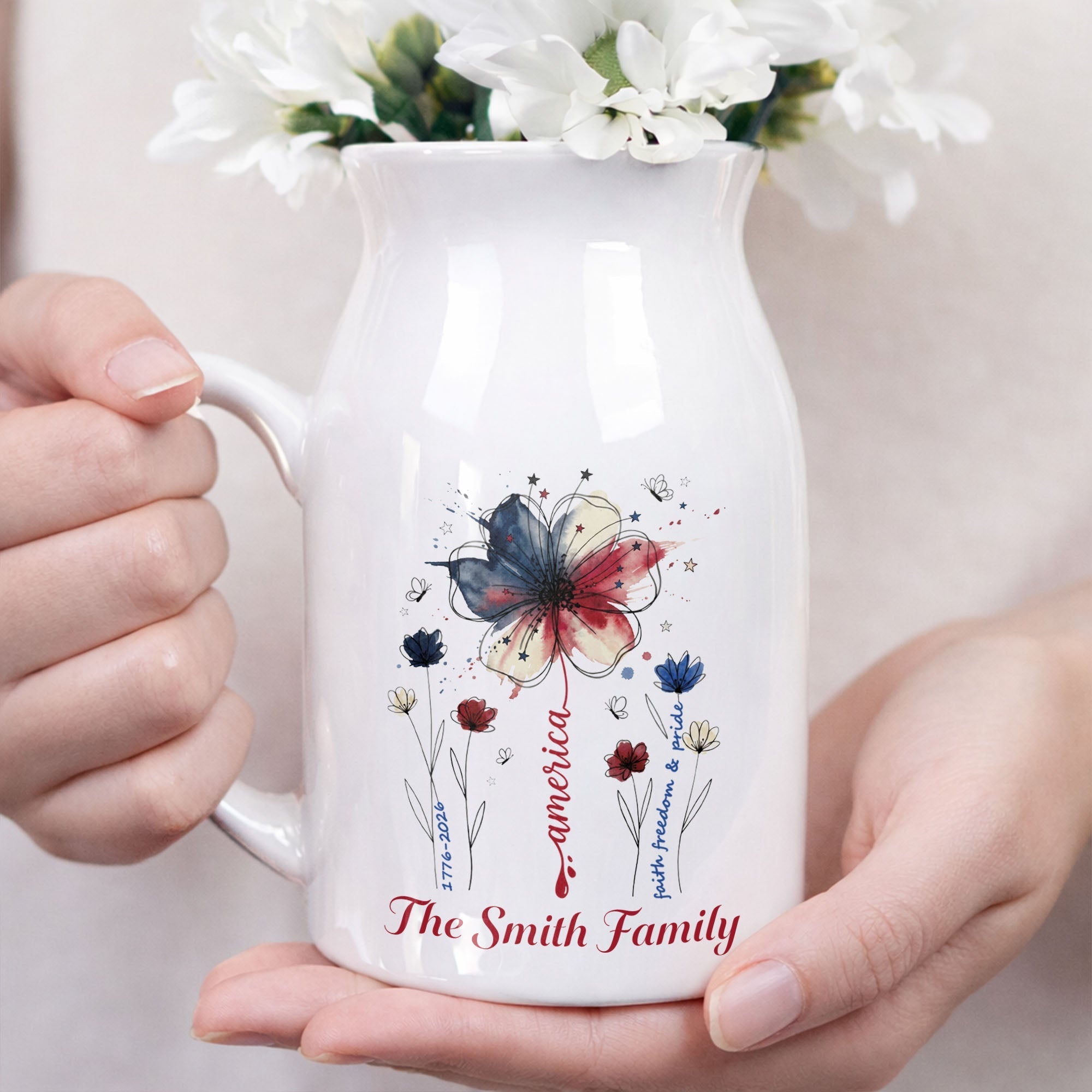 Personalized Ceramic Flower Vase USA Flag Gift for Family