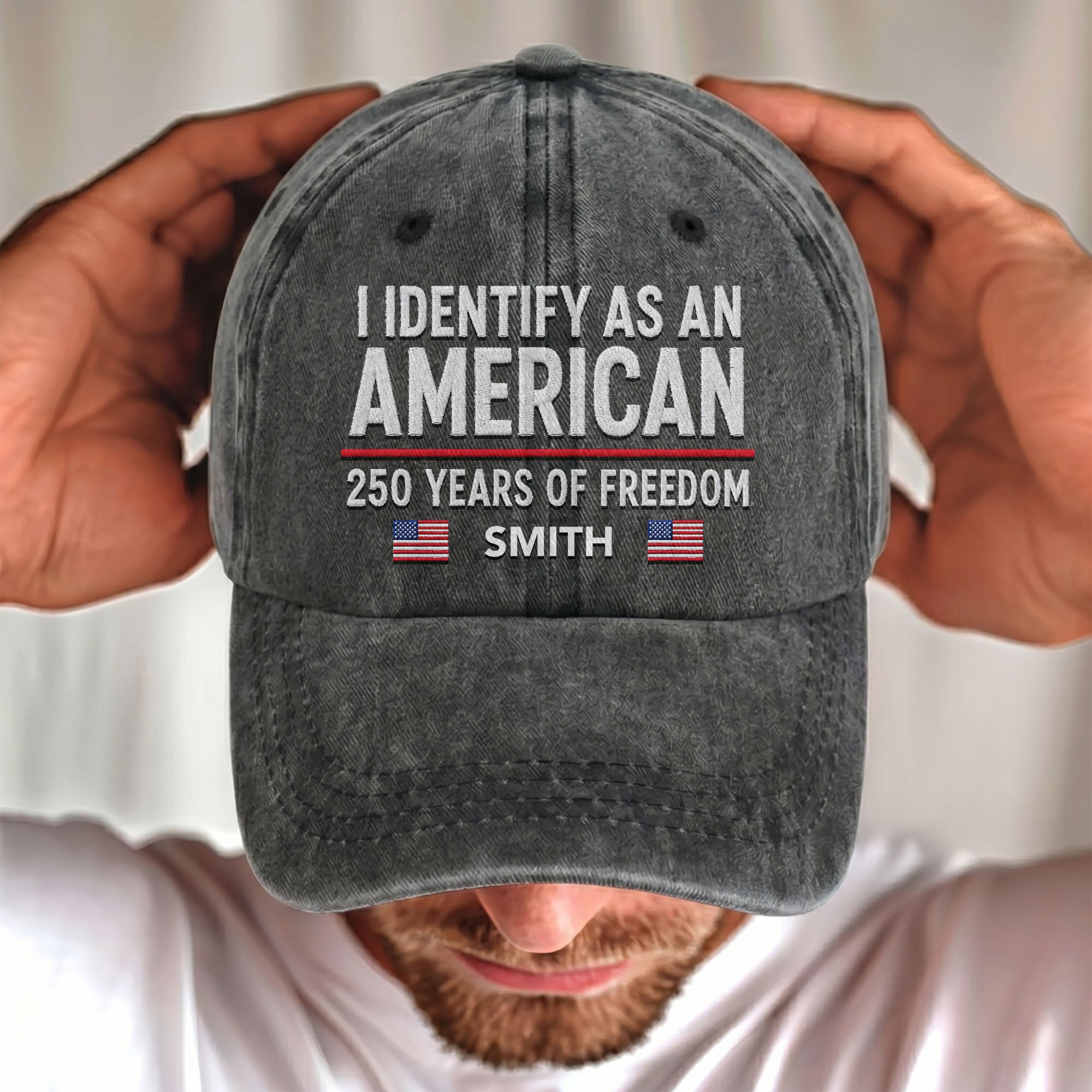 Personalized Washed Denim Cap American Flag Gift for Dad