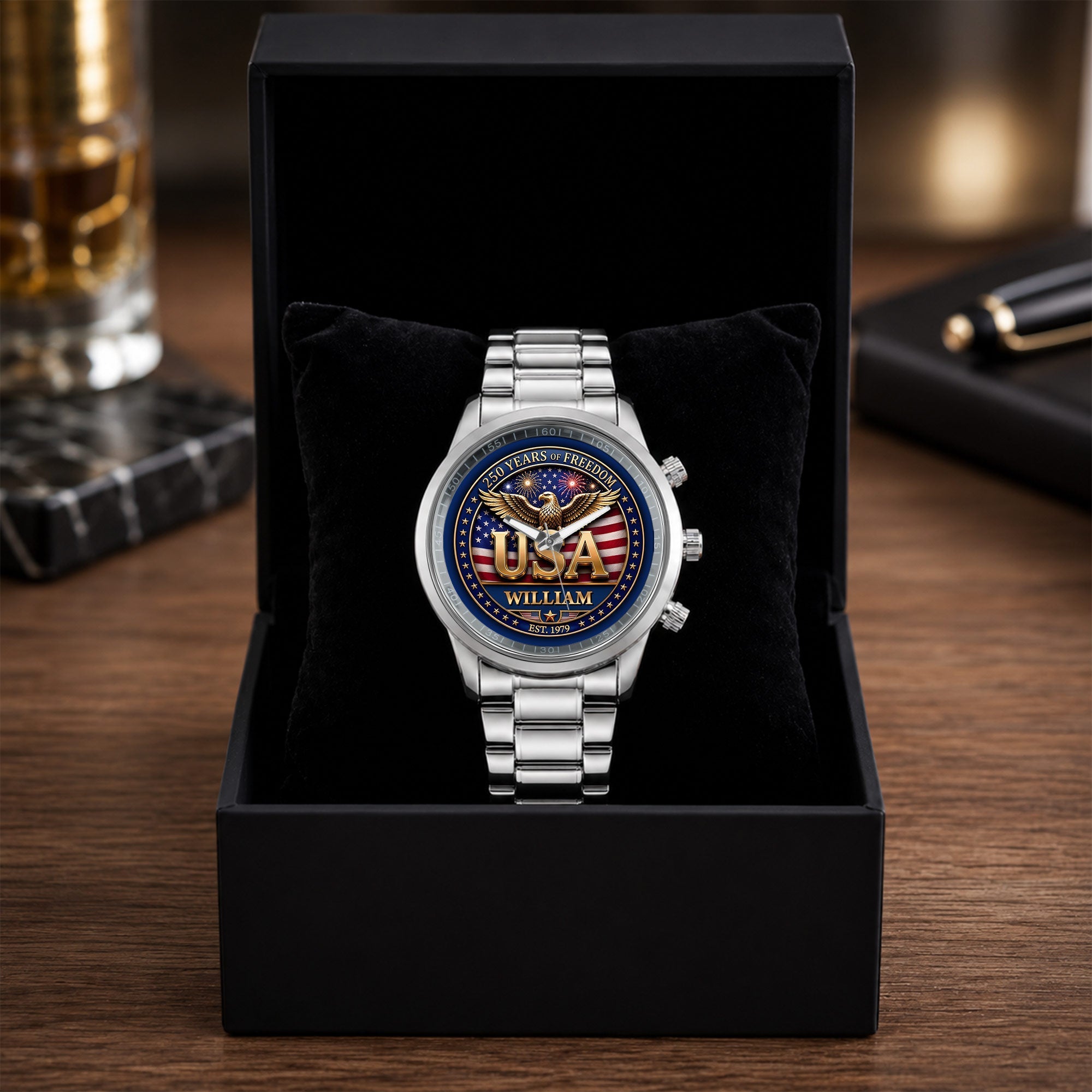 Personalized Men's Watch Custom Name USA Flag Gift for Dad