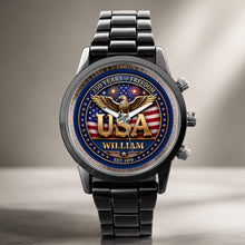 Load image into Gallery viewer, Personalized Men's Watch Custom Name USA Flag Gift for Dad
