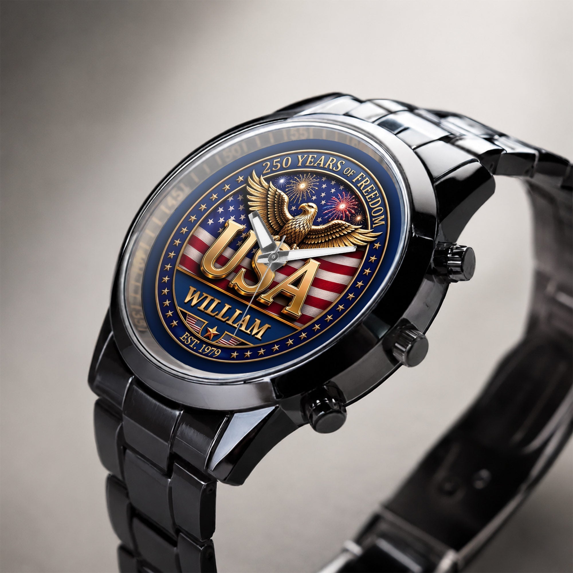 Personalized Men's Watch Custom Name USA Flag Gift for Dad