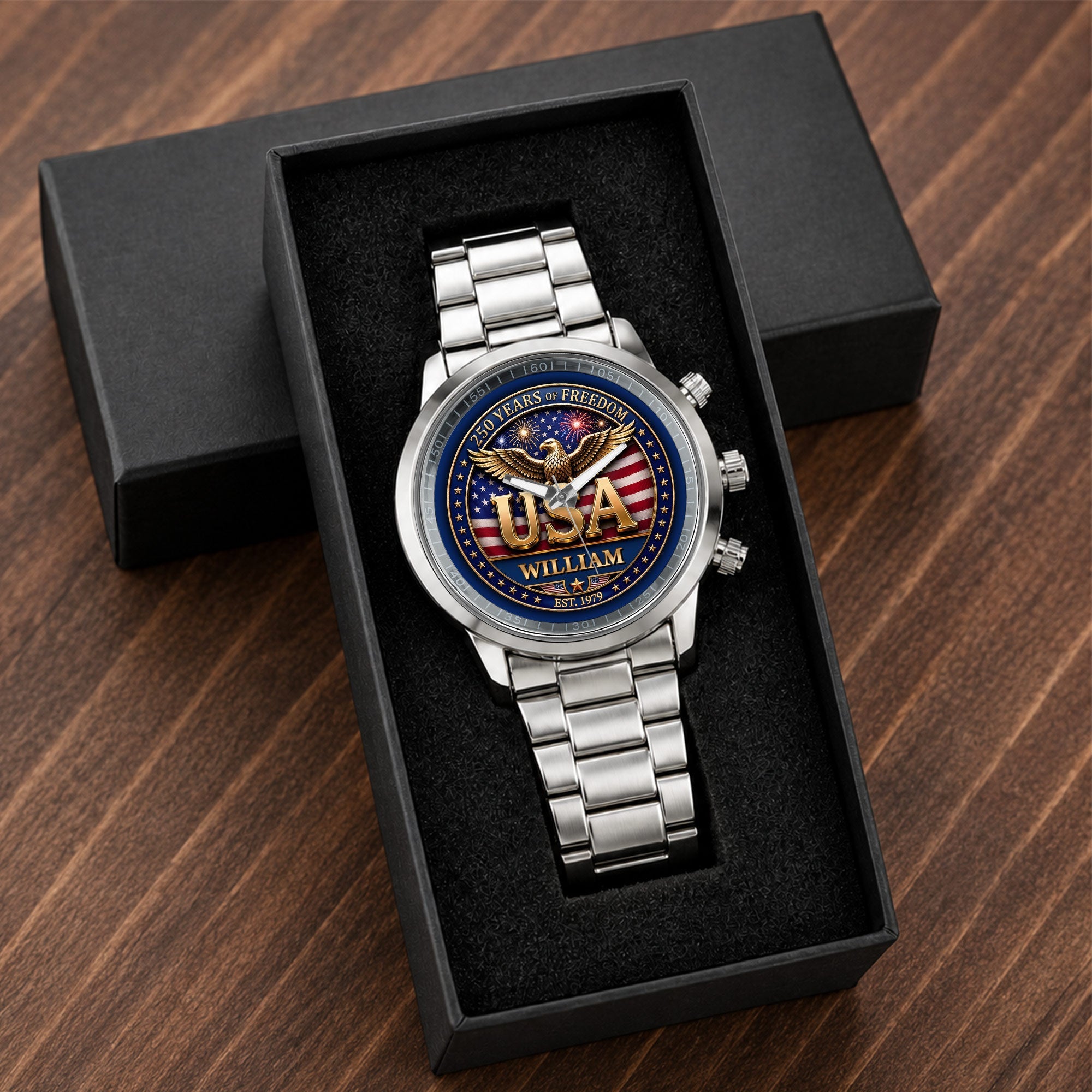 Personalized Men's Watch Custom Name USA Flag Gift for Dad
