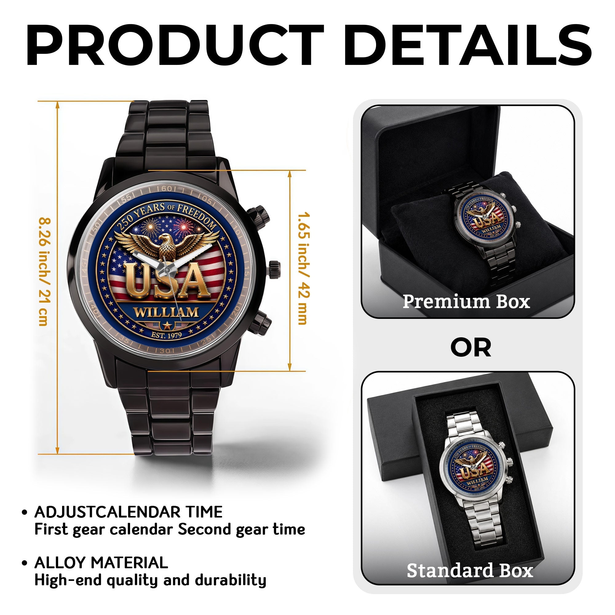 Personalized Men's Watch Custom Name USA Flag Gift for Dad