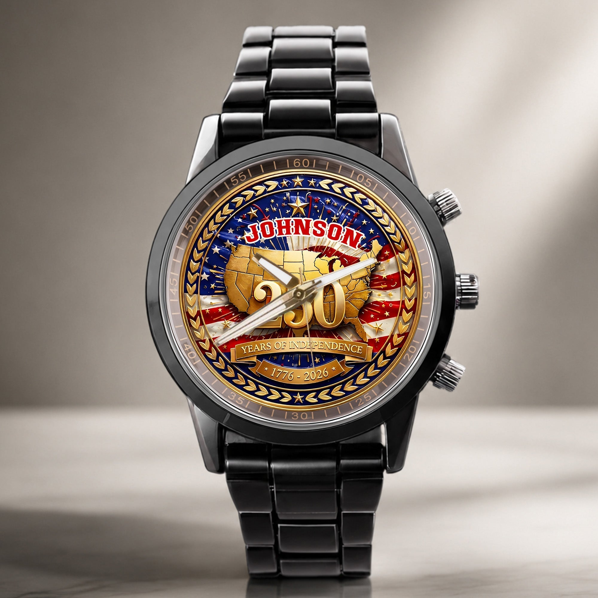 Personalized Black Men's Watch with Custom Name for Dad's Anniversary