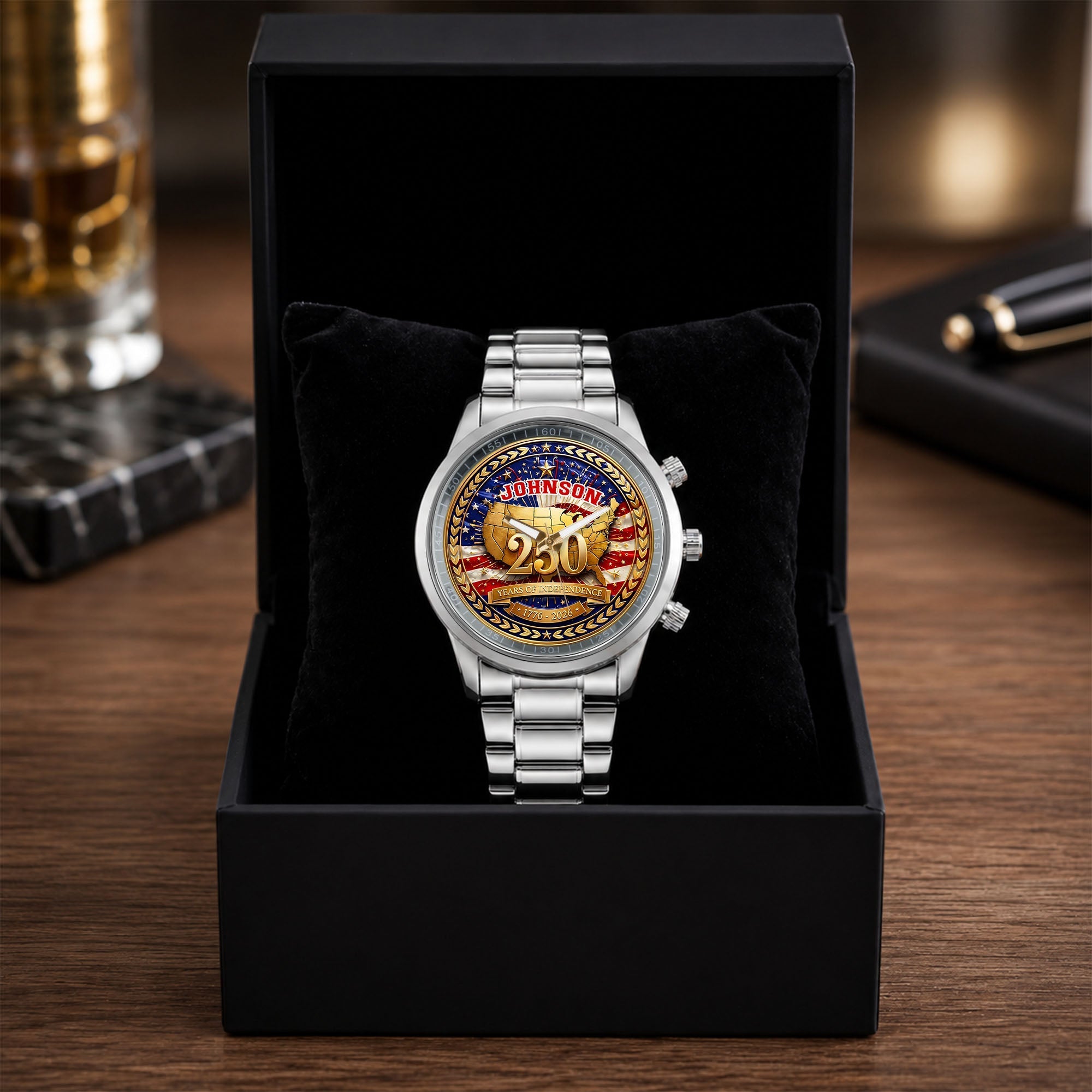 Personalized Black Men's Watch with Custom Name for Dad's Anniversary