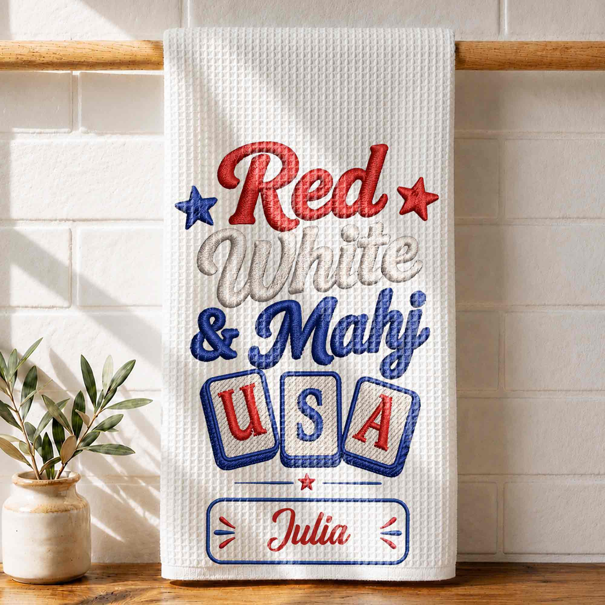 Personalized Patriotic Mahjong Embroidery Kitchen Towel 4th of July Gift