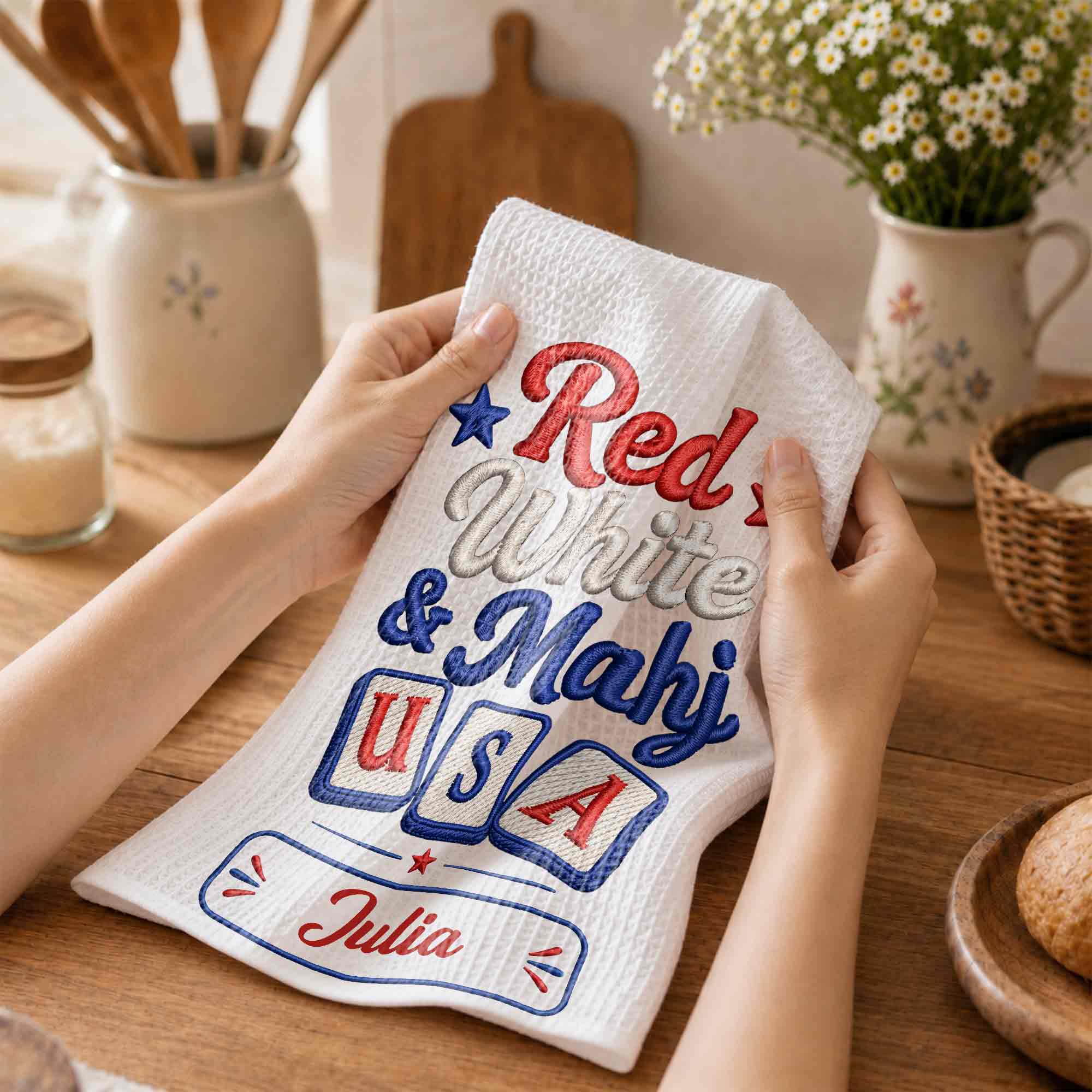 Personalized Patriotic Mahjong Embroidery Kitchen Towel 4th of July Gift