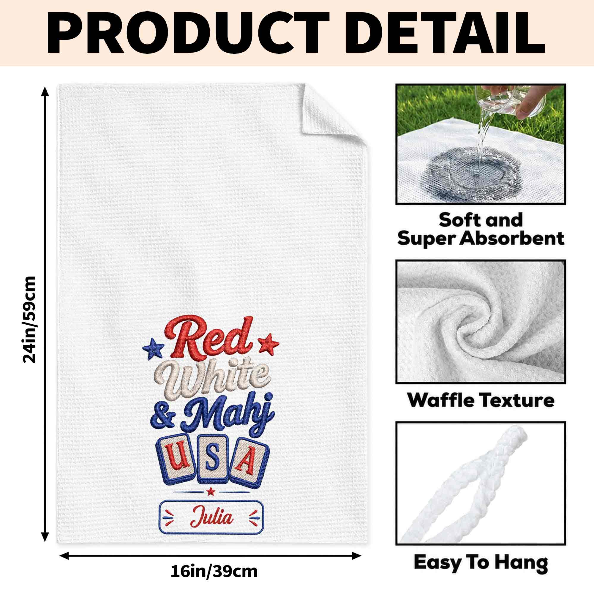 Personalized Patriotic Mahjong Embroidery Kitchen Towel 4th of July Gift