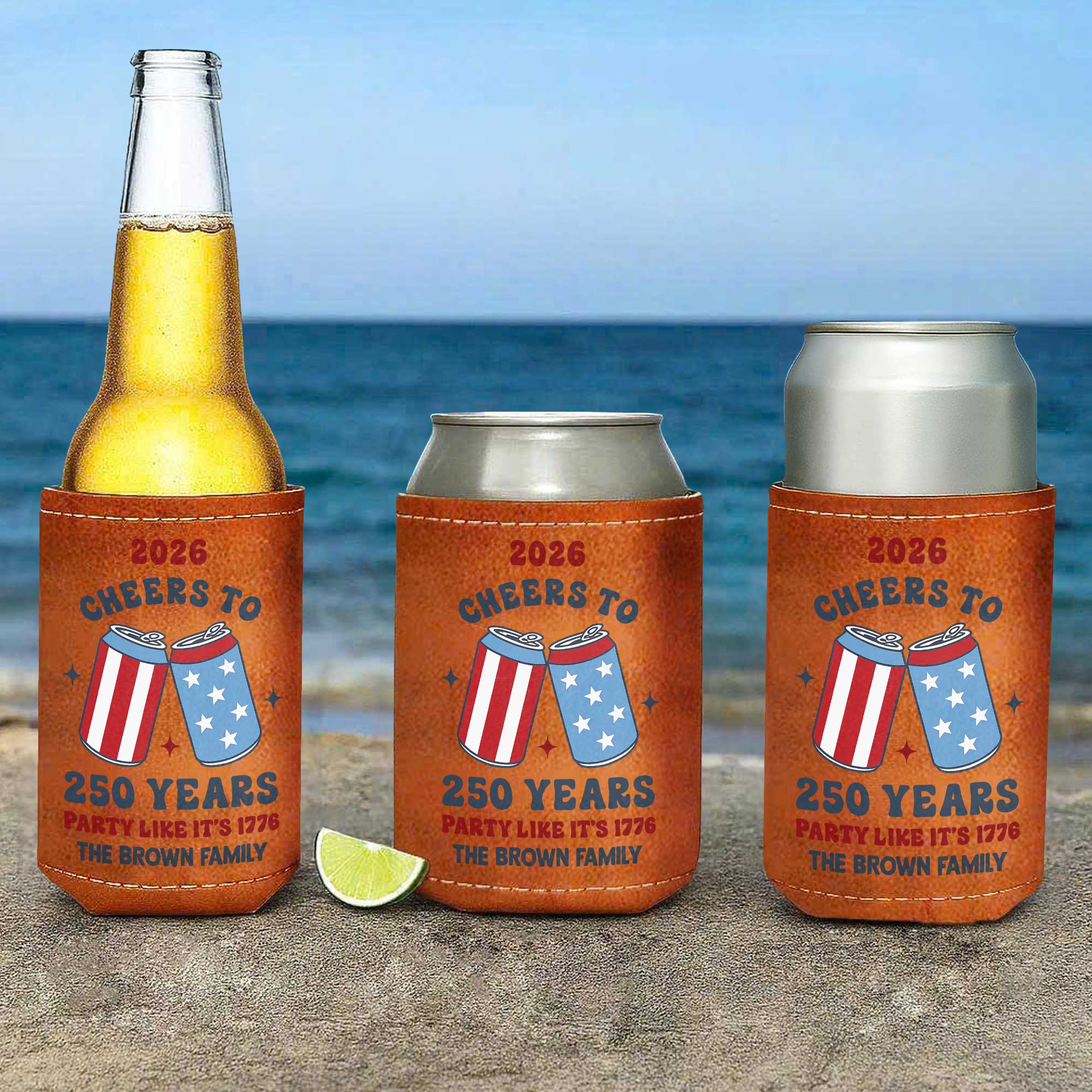 Personalized Leather Can Cooler Custom Name 4th of July Gift