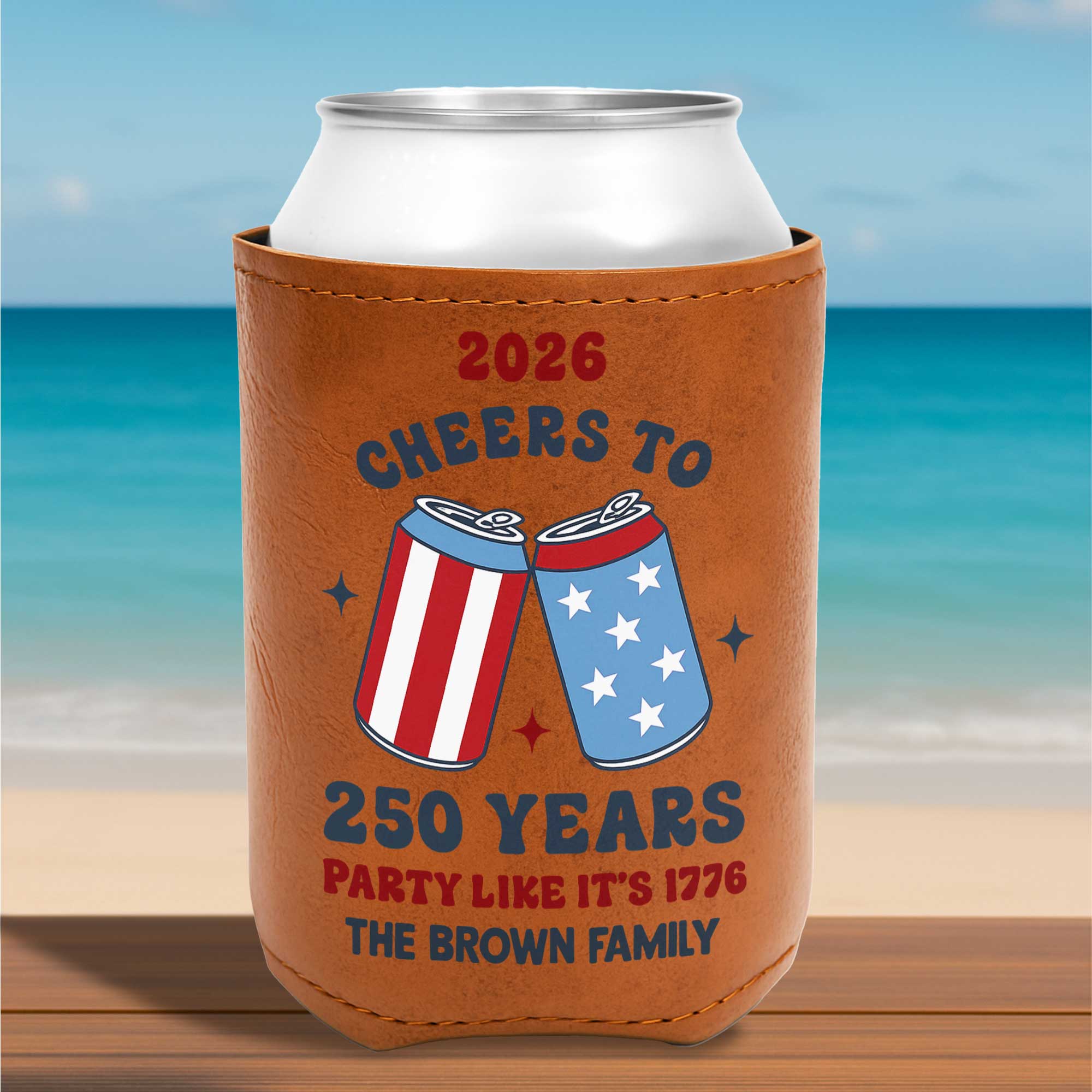 Personalized Leather Can Cooler Custom Name 4th of July Gift