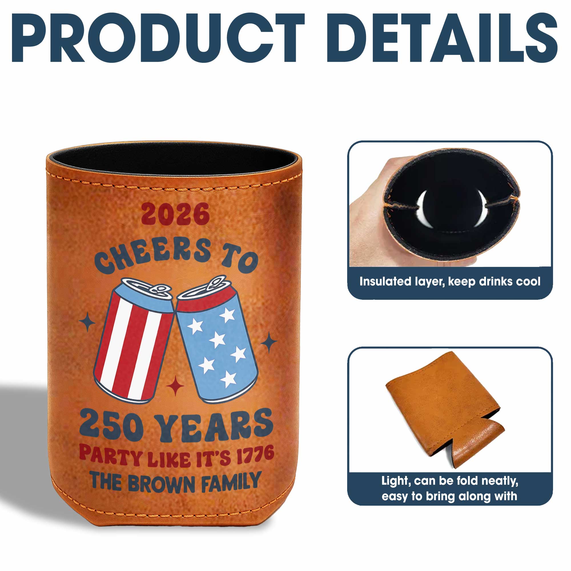 Personalized Leather Can Cooler Custom Name 4th of July Gift