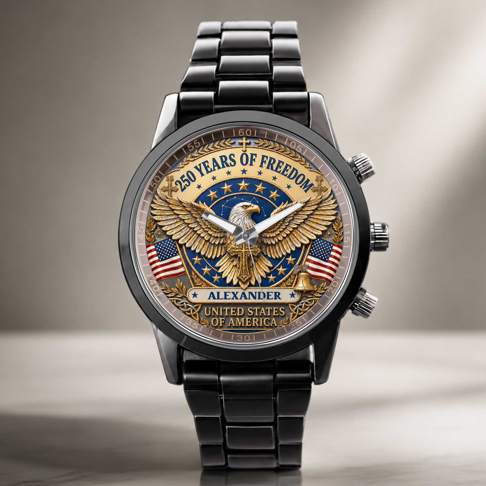 Personalized Black Men's Watch Custom Name Eagle USA Flag Gift for Dad