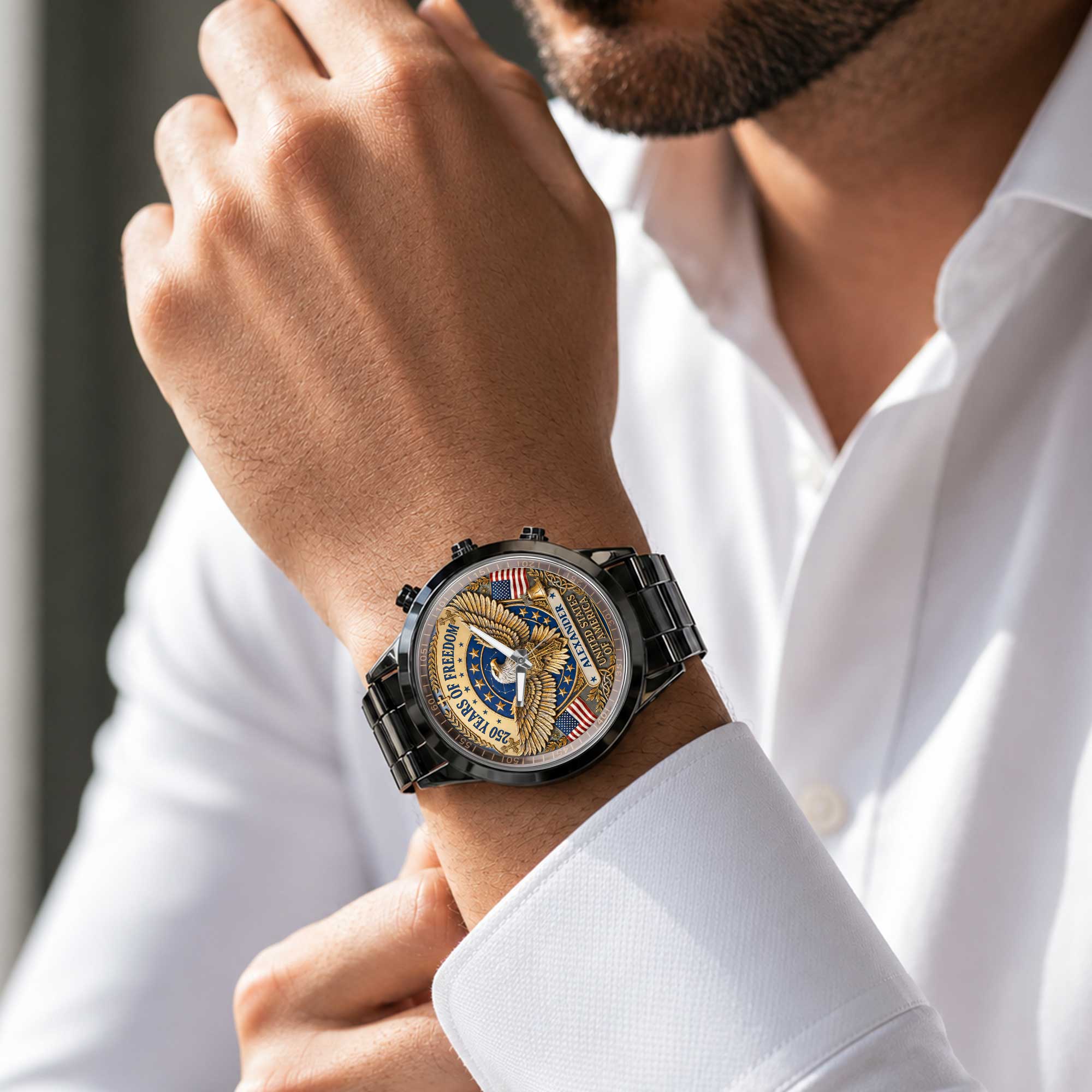 Personalized Black Men's Watch Custom Name Eagle USA Flag Gift for Dad