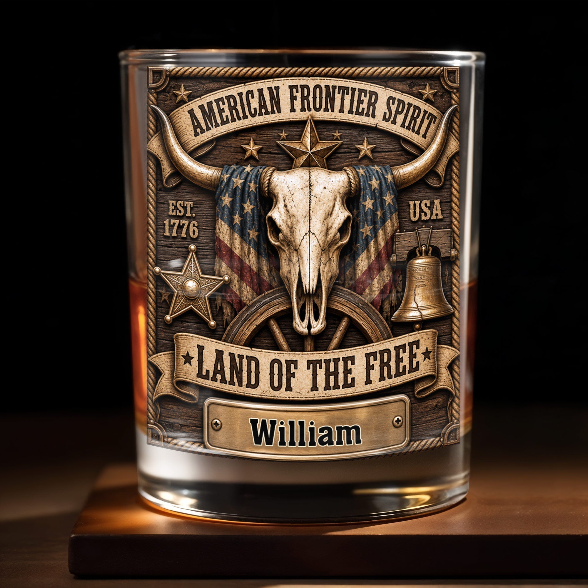Personalized Whiskey Glass Custom Name Steer Skull Patriotic Gift