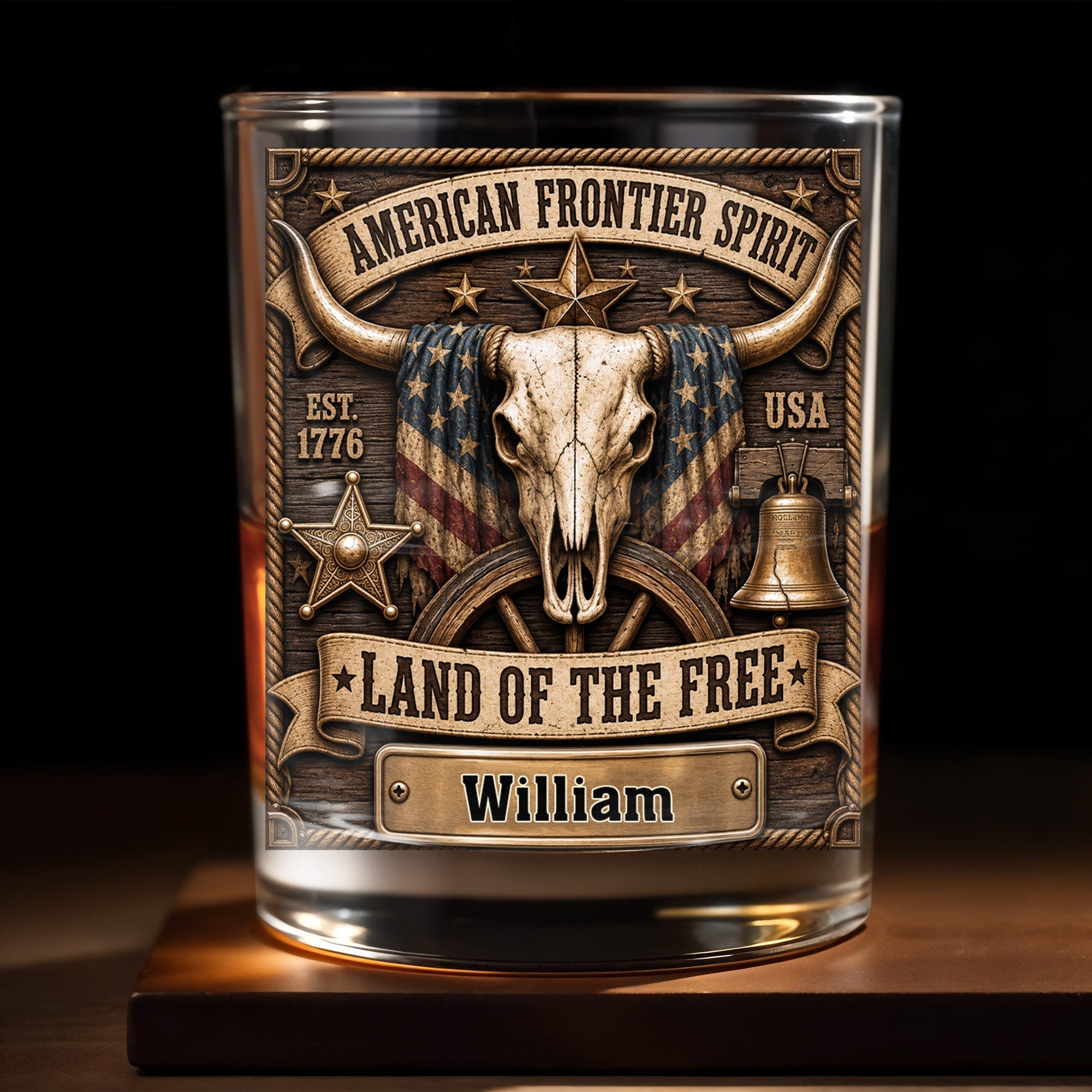 Personalized Whiskey Glass Custom Name Steer Skull Patriotic Gift