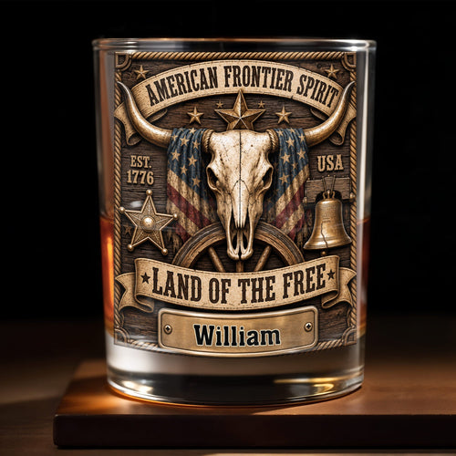 Personalized Whiskey Glass Custom Name Steer Skull Patriotic Gift