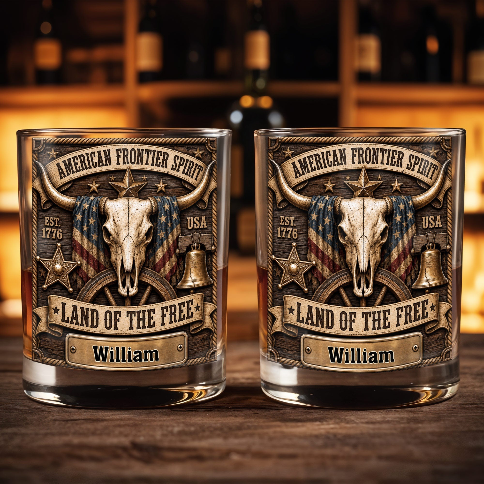 Personalized Whiskey Glass Custom Name Steer Skull Patriotic Gift