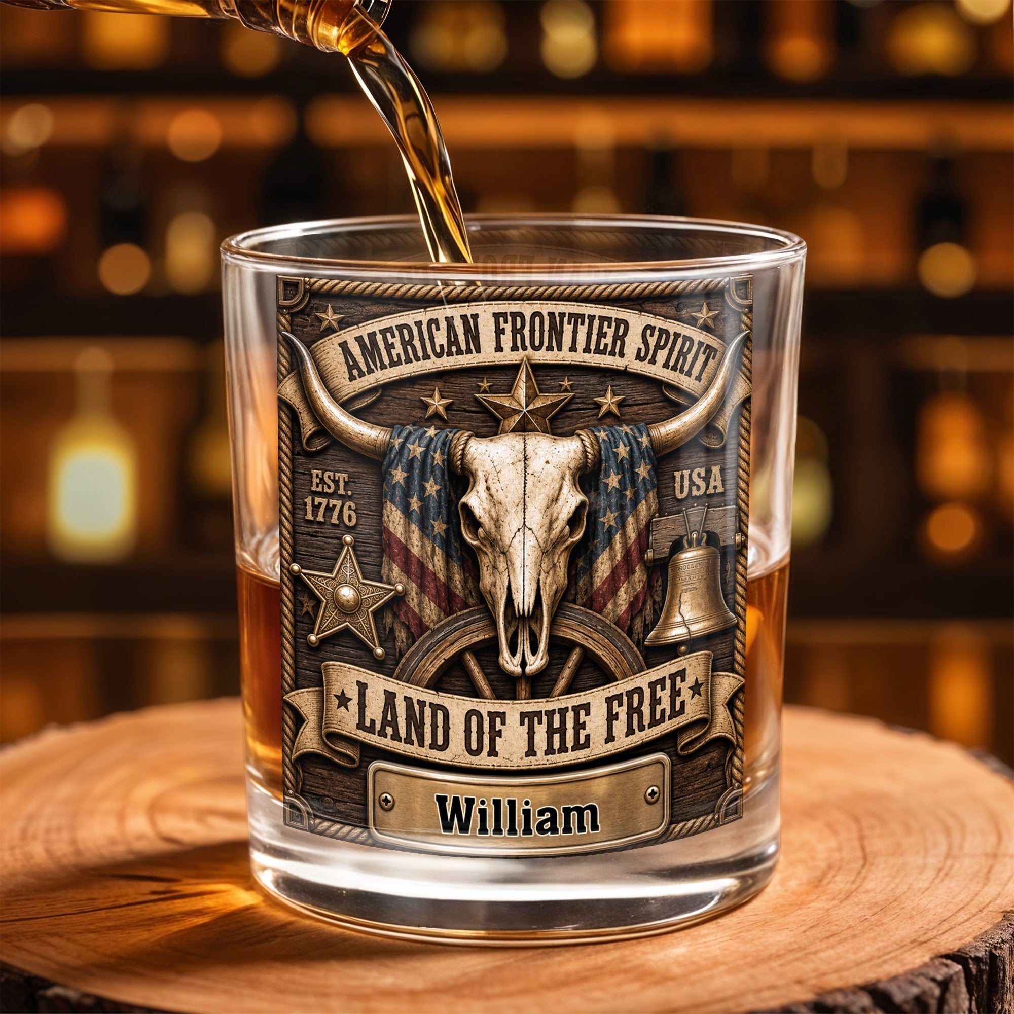 Personalized Whiskey Glass Custom Name Steer Skull Patriotic Gift