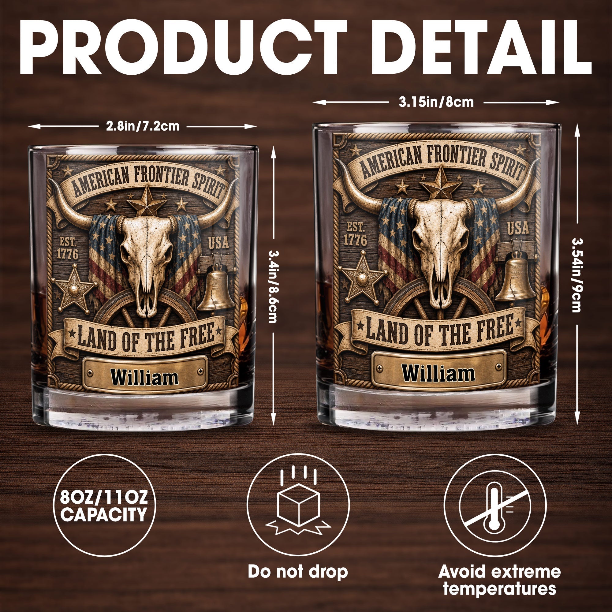 Personalized Whiskey Glass Custom Name Steer Skull Patriotic Gift