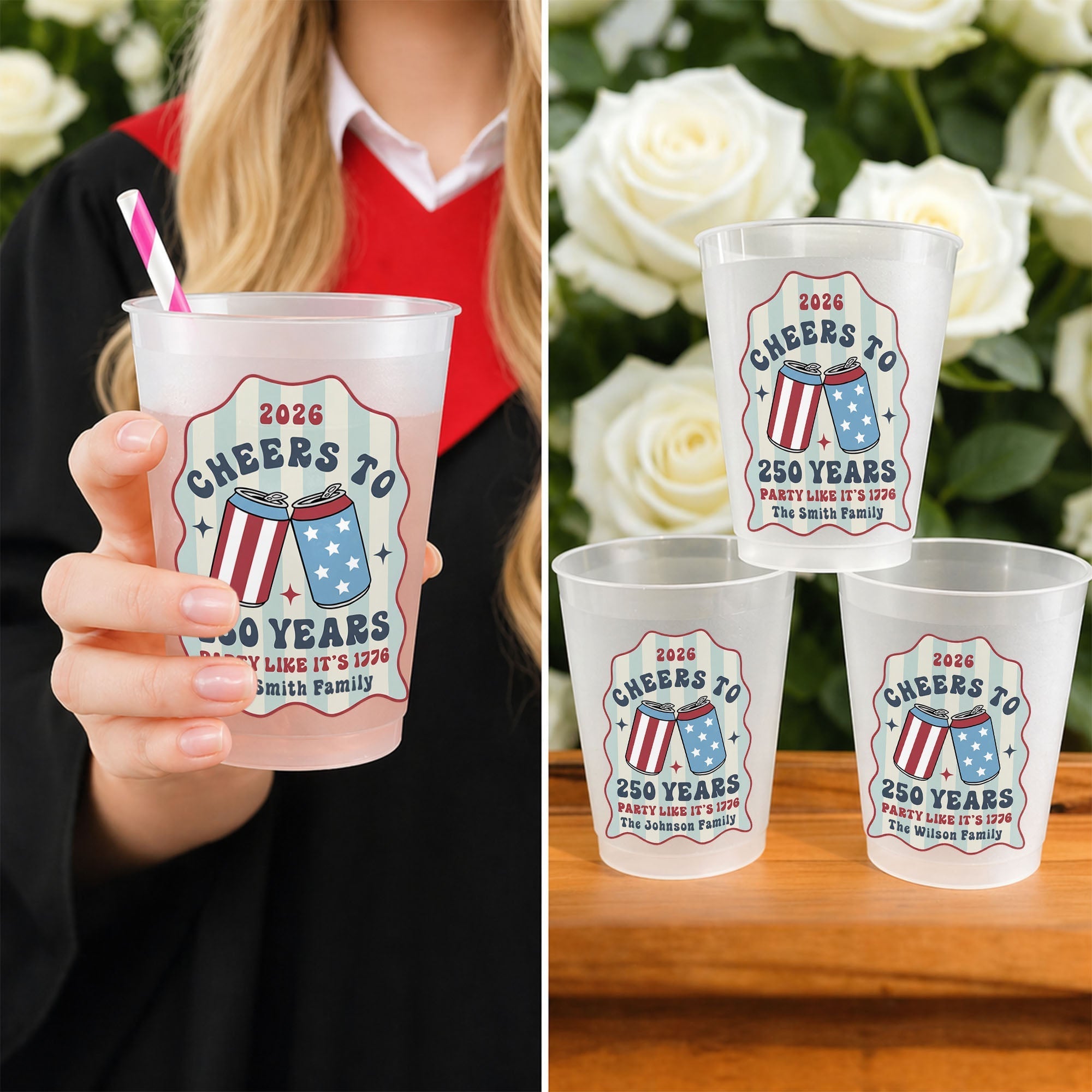 Personalized Frosted Cups Custom Family Name 4th of July Gift