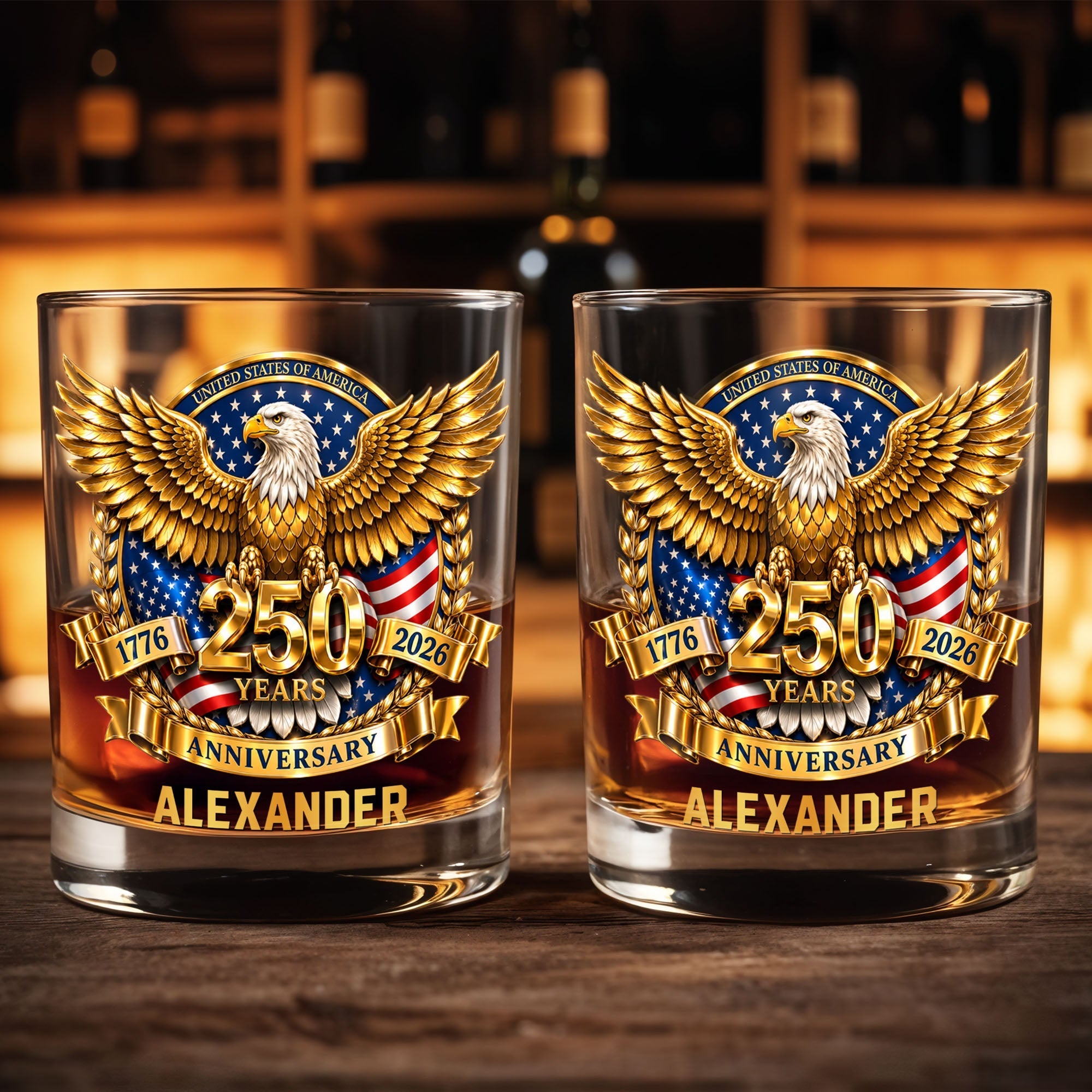 Personalized Custom Whiskey Glass with Bald Eagle and Flag Gift for Dad