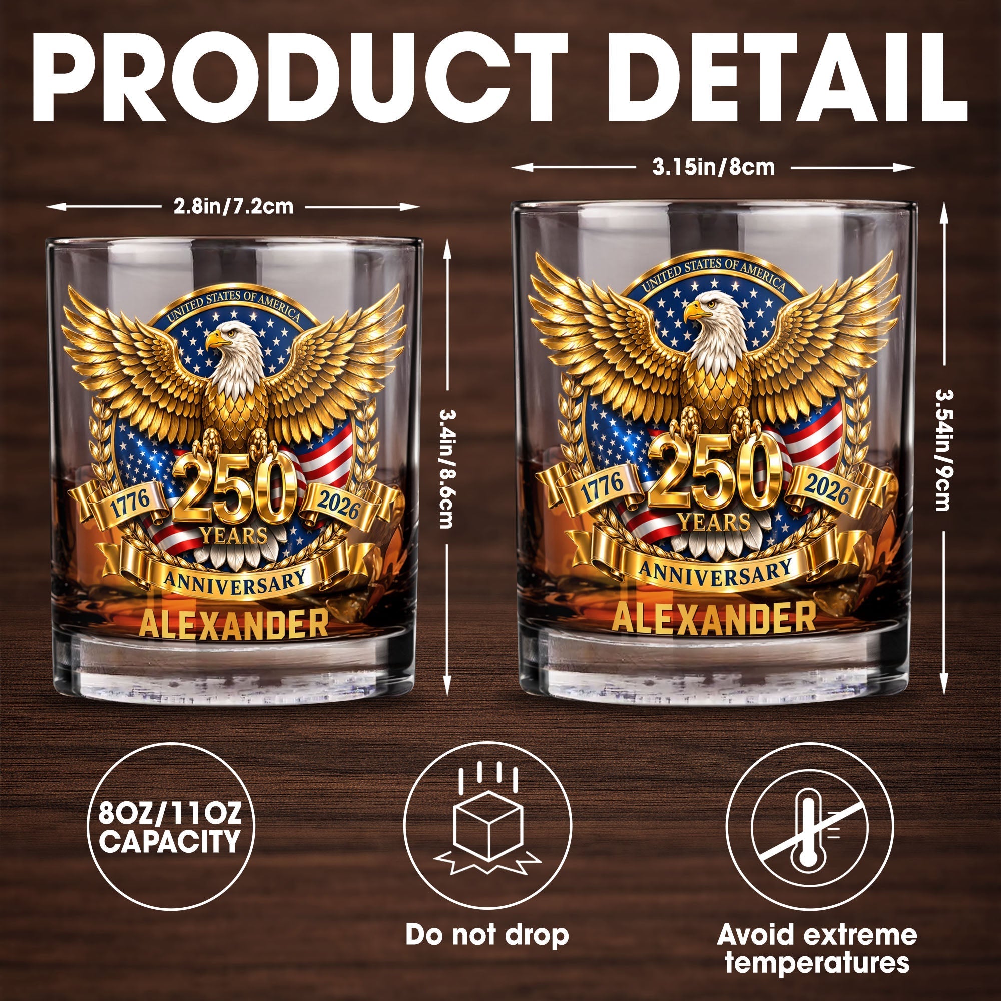 Personalized Custom Whiskey Glass with Bald Eagle and Flag Gift for Dad