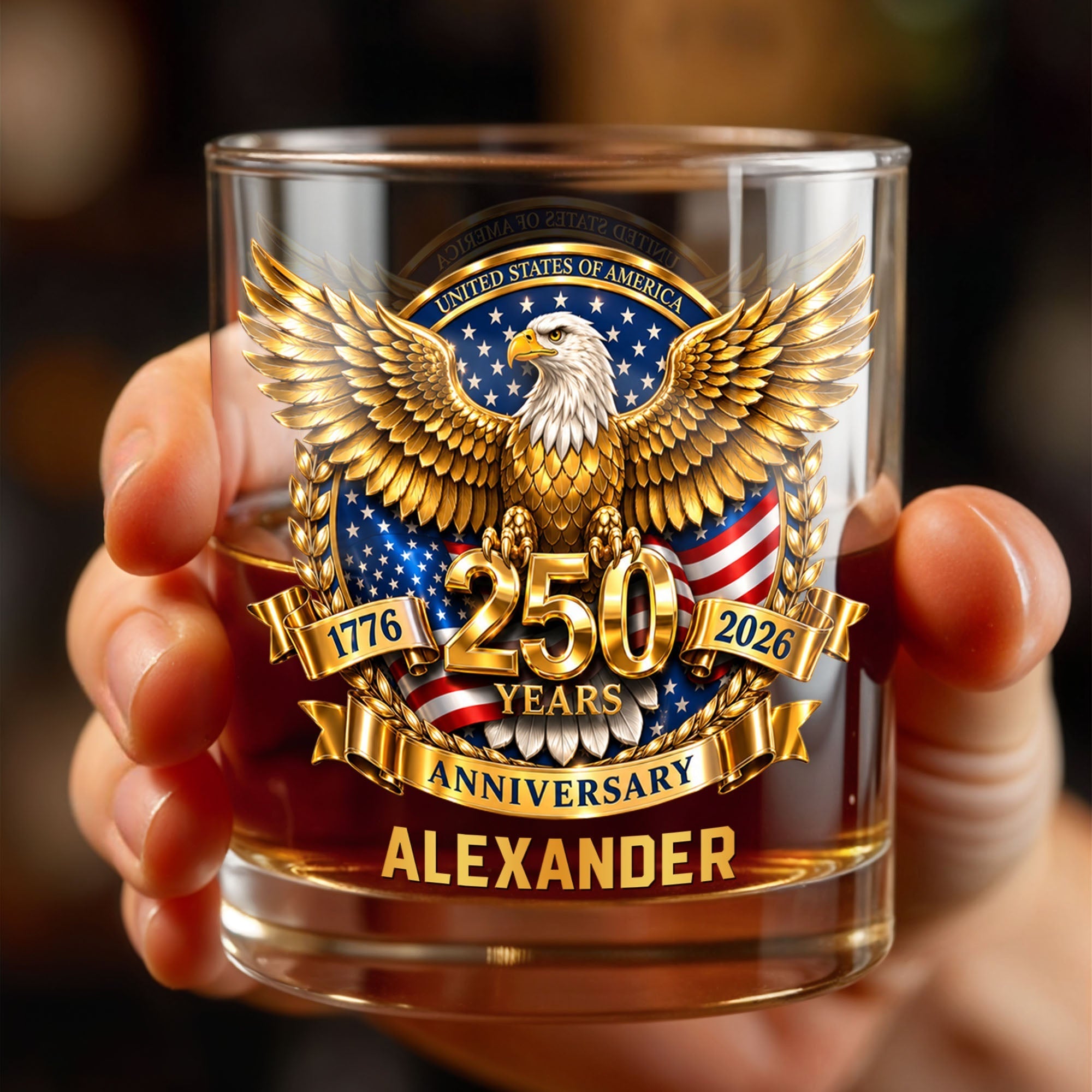 Personalized Custom Whiskey Glass with Bald Eagle and Flag Gift for Dad