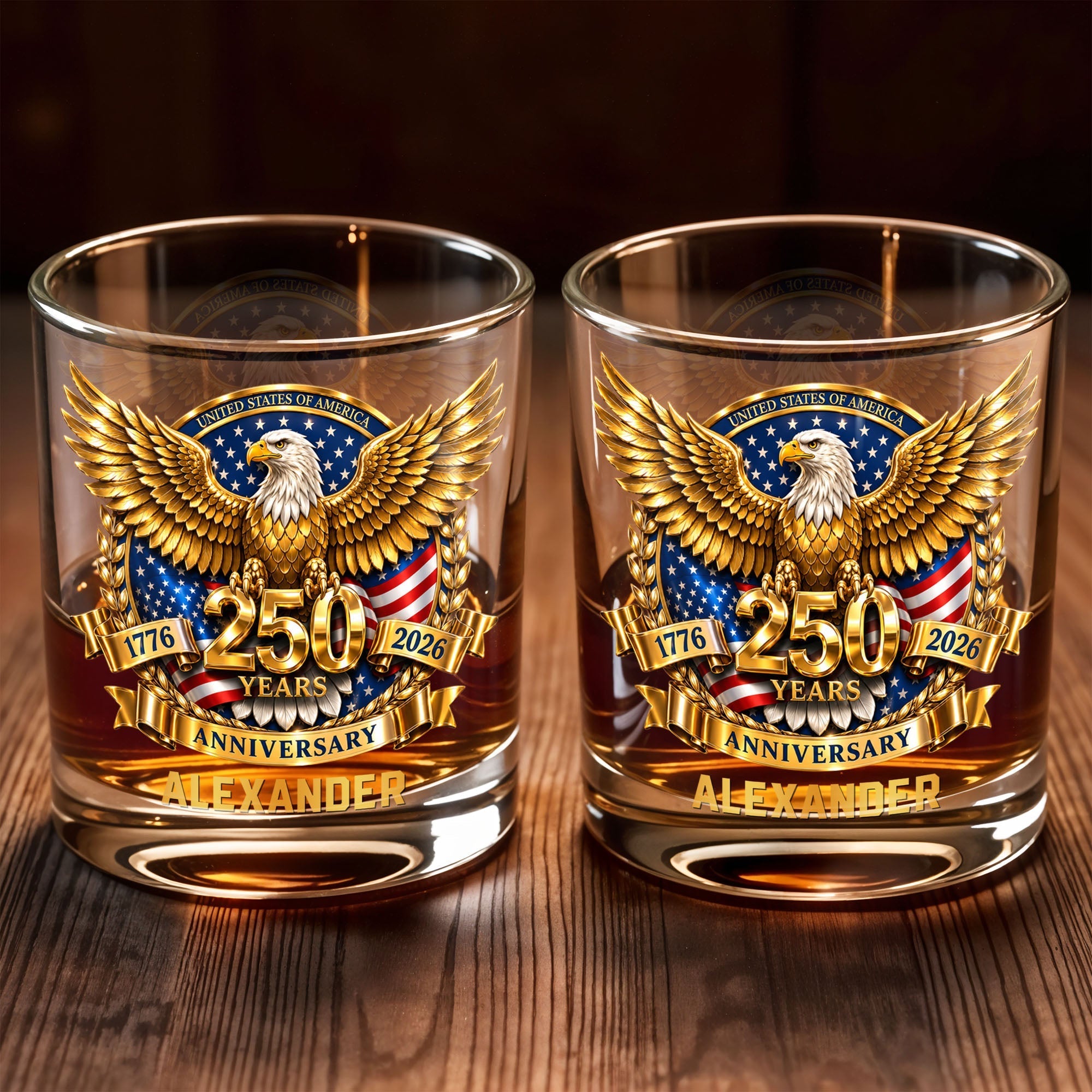 Personalized Custom Whiskey Glass with Bald Eagle and Flag Gift for Dad