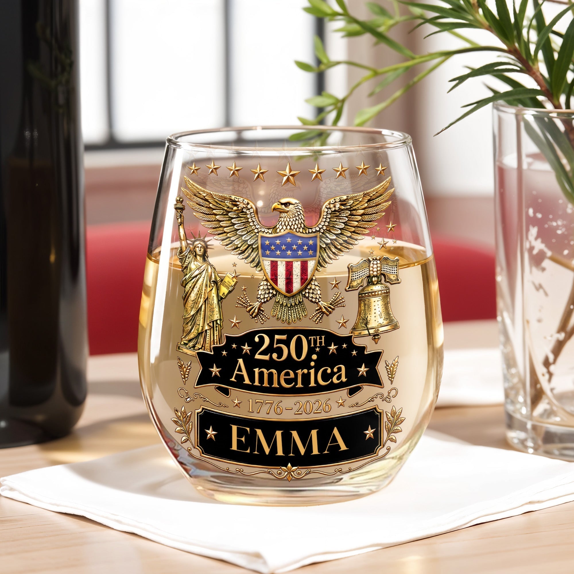 Personalized Stemless Wine Glass Custom Name Eagle Liberty Gift for 4th of July
