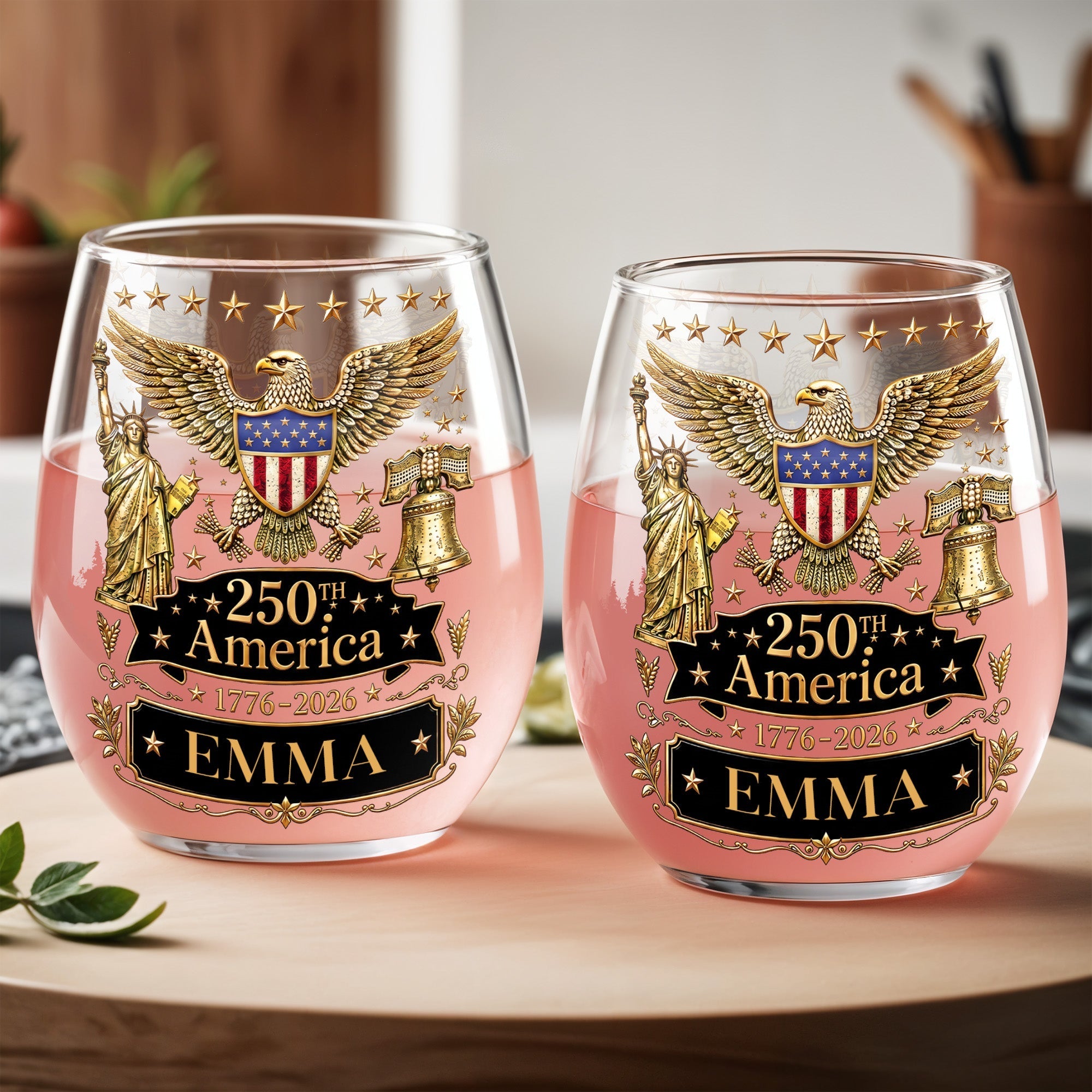 Personalized Stemless Wine Glass Custom Name Eagle Liberty Gift for 4th of July